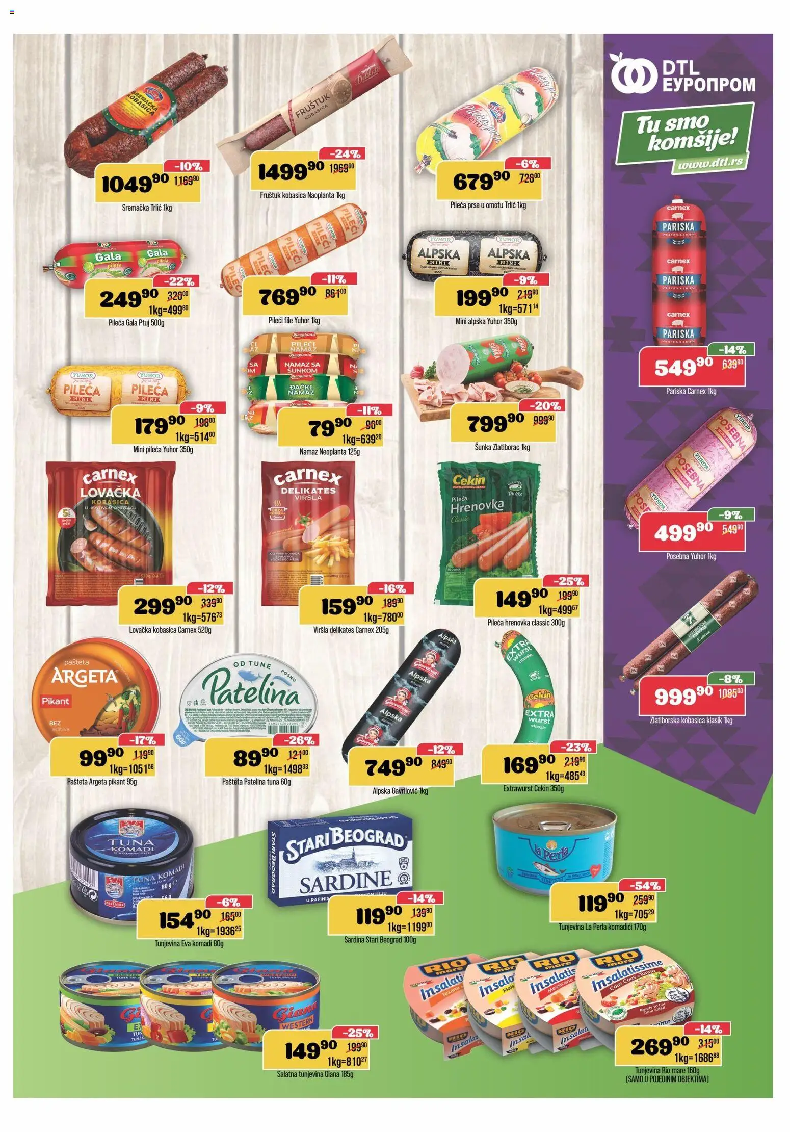 Europrom katalog - važi od 25.03.2026 | Strana: 5 | Proizvode: Pileća prsa, Rio mare, Kobasica, Sardina