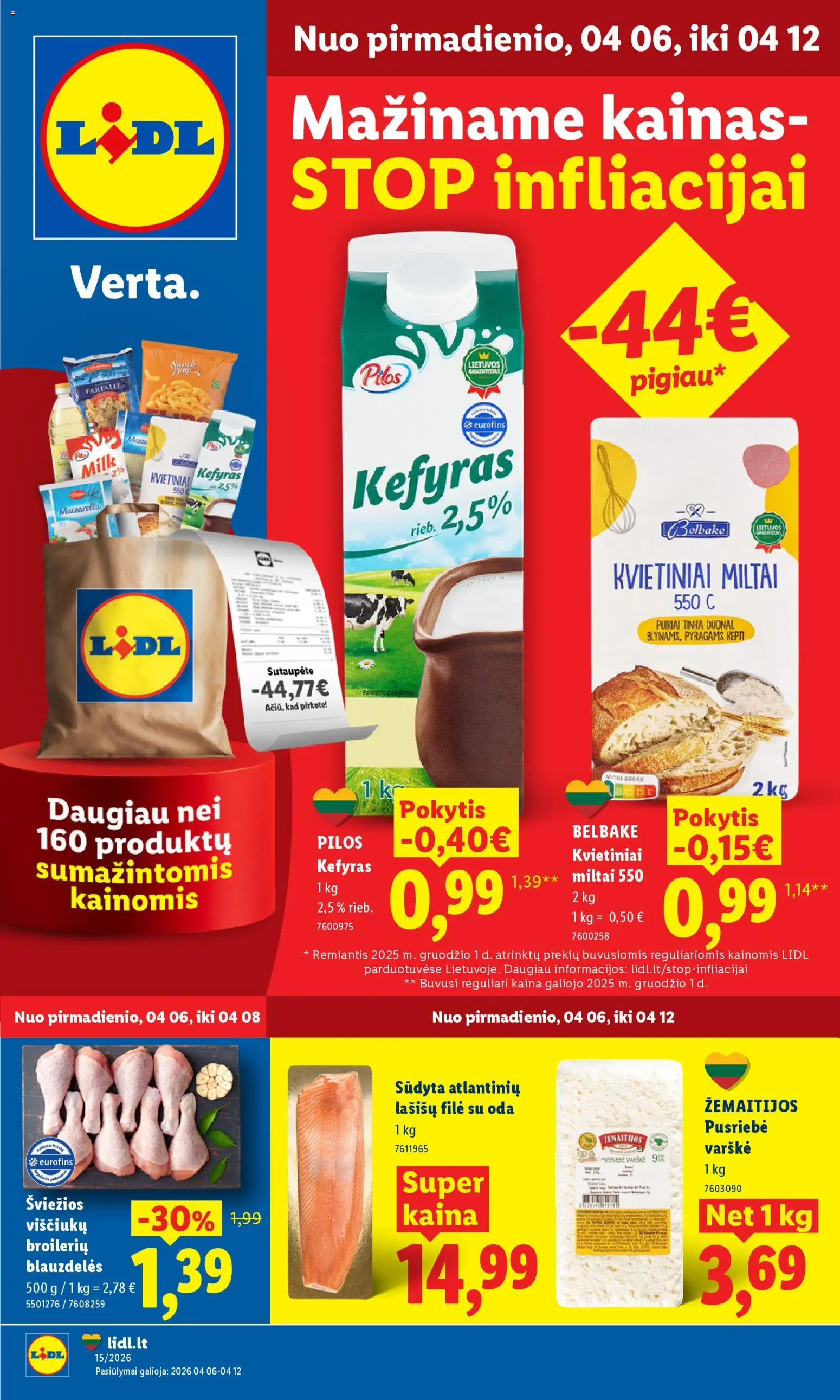 LIDL akcijos nuo 06.04.2026 | Puslapis: 1 | Prekių: Viščiukų, Lašišų filė, Varškė, Miltai