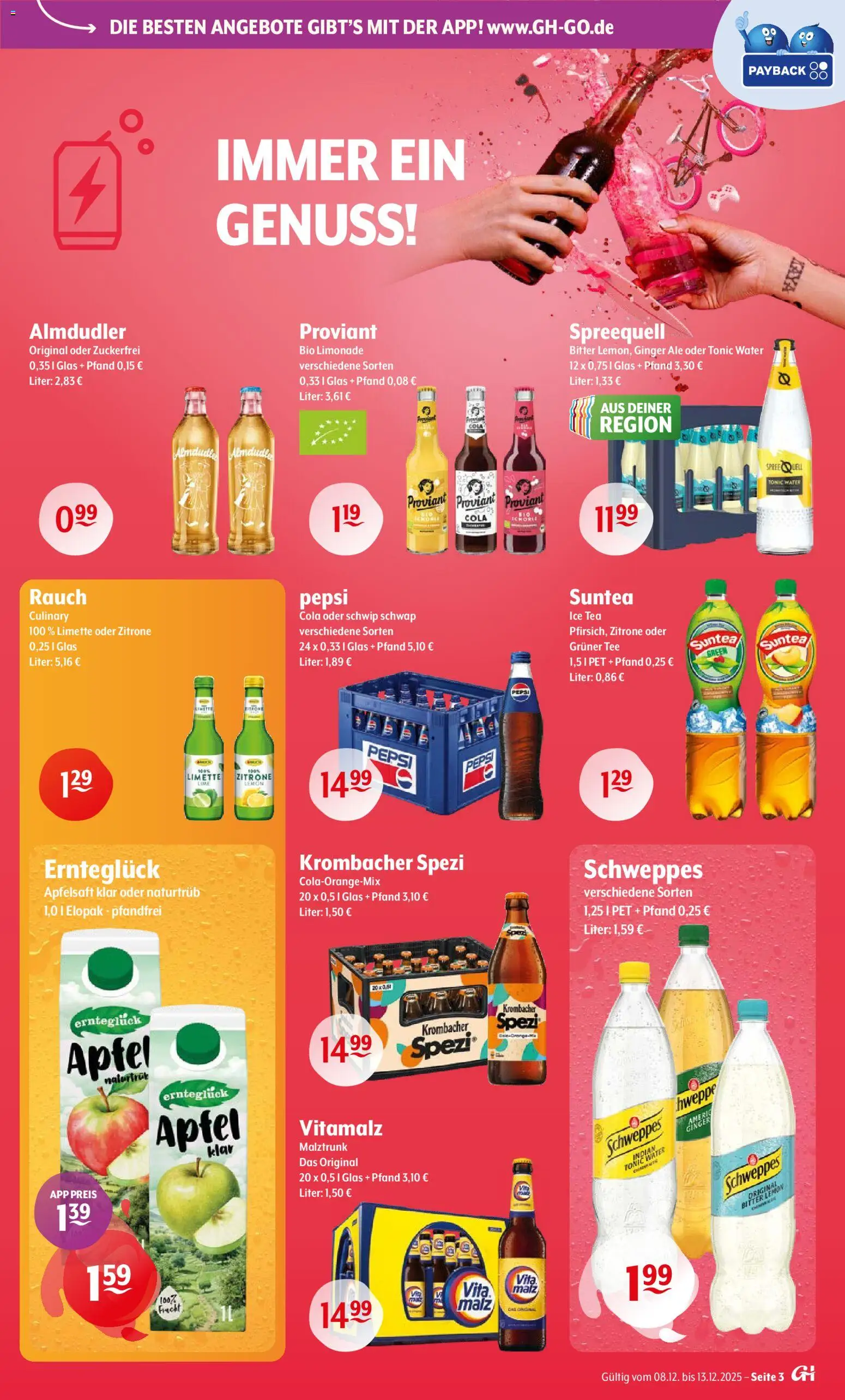 Trink und Spare Prospekt – gültig ab 08.12.2025 | Seite: 3 | Produkte: Limonade, Schweppes, Krombacher, Tee