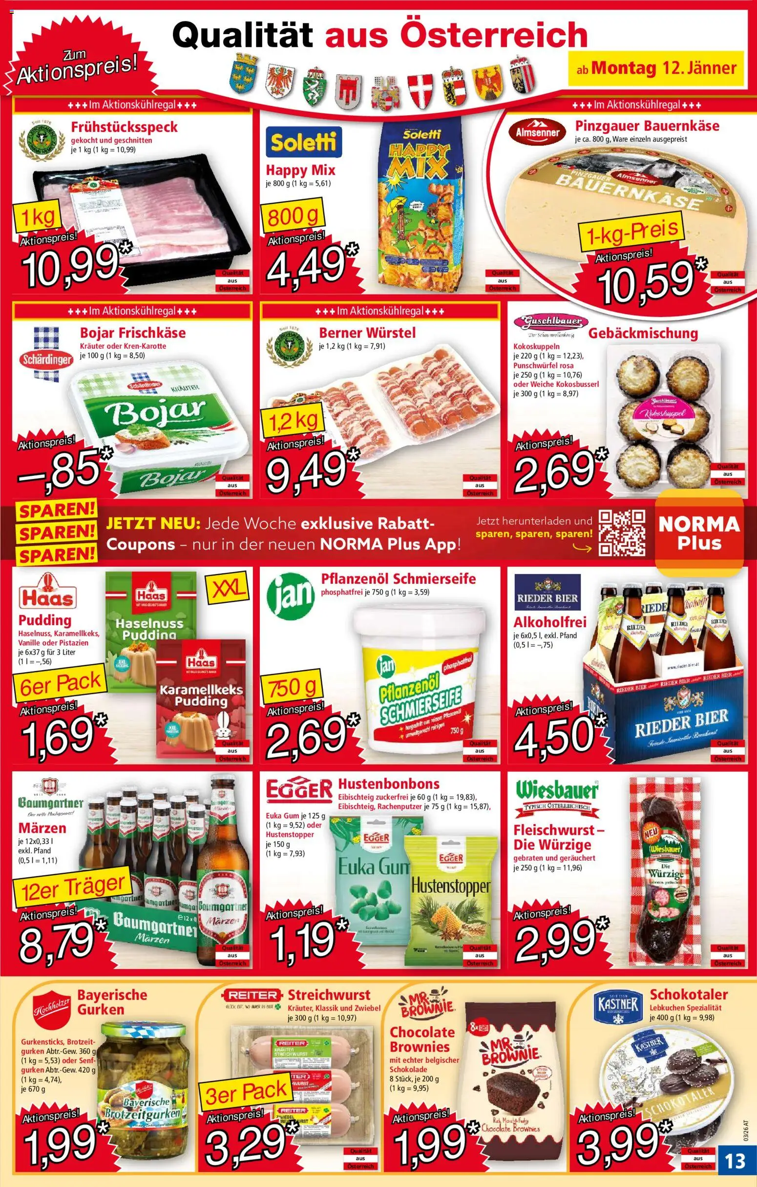 Norma Flugblatt gültig ab 12.01.2026 | Seite: 13 | Produkte: Gurken, Wurst, Schokolade, Bier