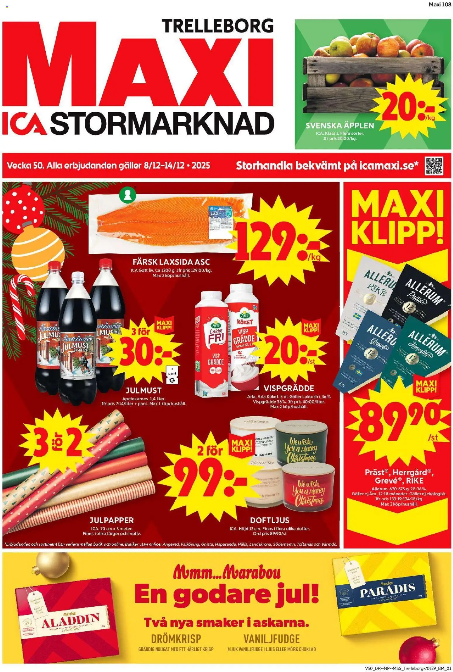 ICA Maxi reklamblad aktuell från 08.12.2025 | Sida: 1 | Produkter: Visp, Lax, Choklad, Äpplen