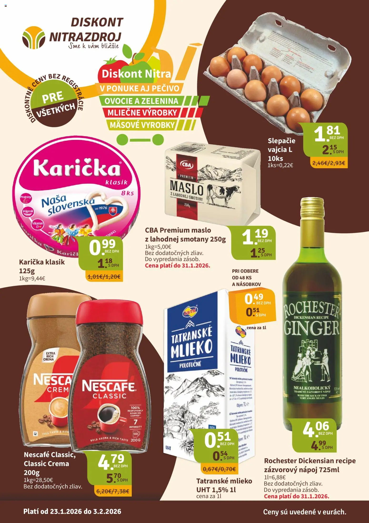 Nové Nitrazdroj akcie – leták je platný od 23.01.2026 | Strana: 1 | Produkty: Maslo, Mlieko, Vajcia, Ovocie