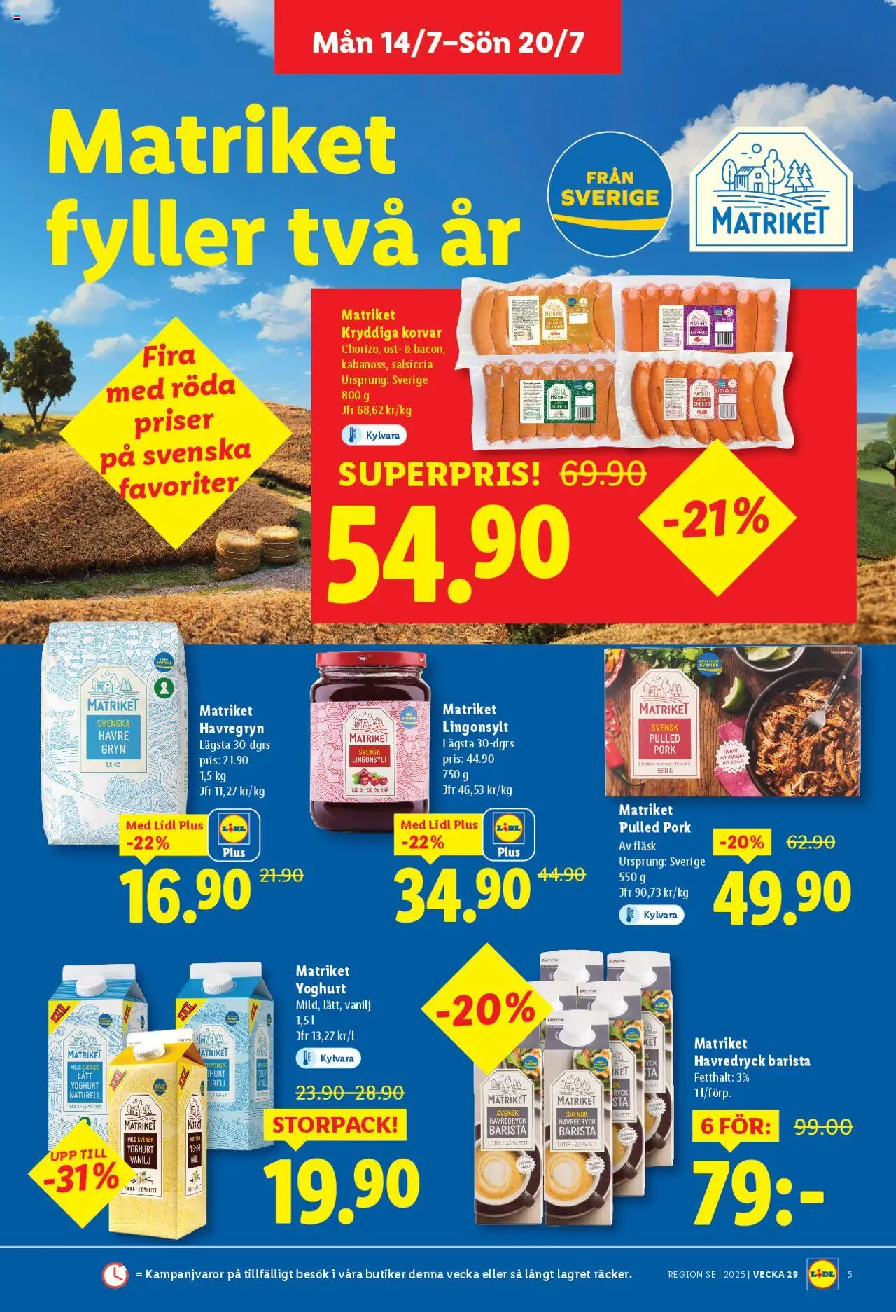 Lidl reklamblad aktuell från 14.07.2025 | Sida: 5 | Produkter: Havregryn, Havredryck, Ost, Fläsk