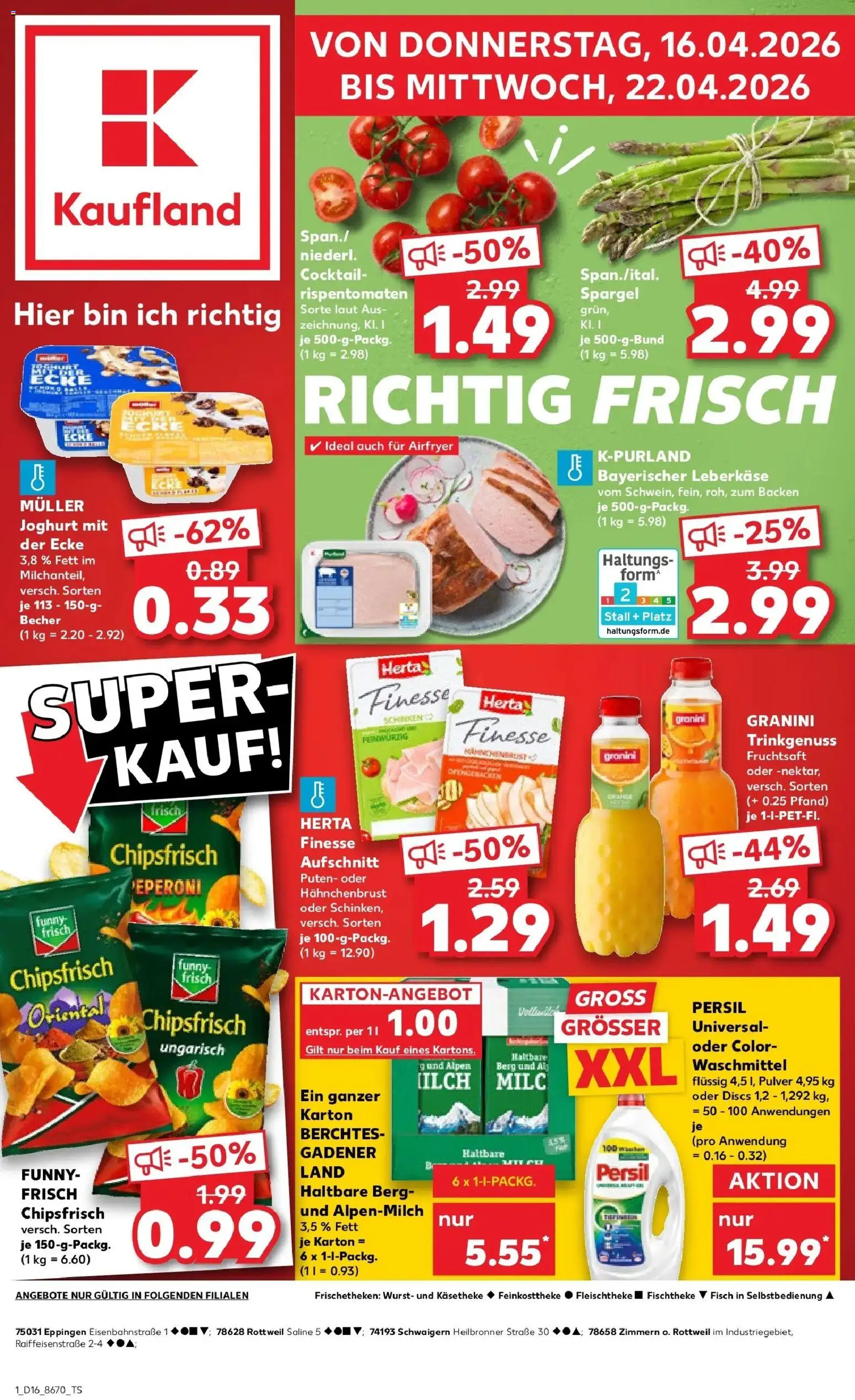 Kaufland Prospekt Schwaigern	 – gültig ab 16.04.2026 | Seite: 1 | Produkte: Spargel, Chips, Fruchtsaft, Persil