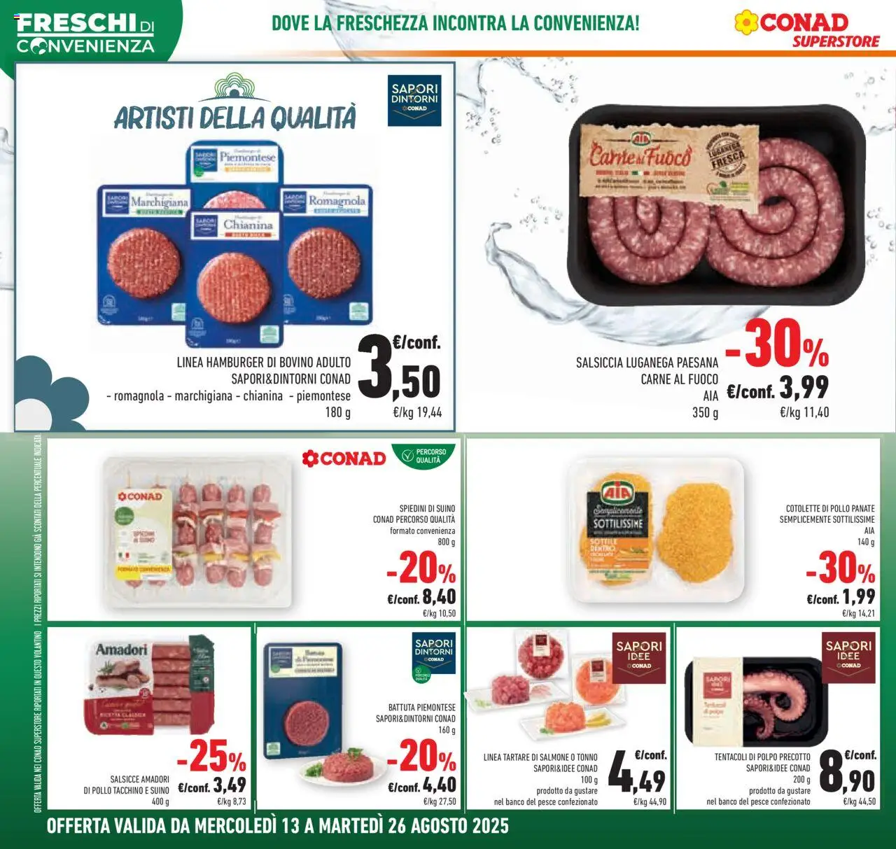 Volantino Conad del 13.08.2025 | Pagina: 4 | Prodotti: Suino, Tonno, Hamburger, Spiedini