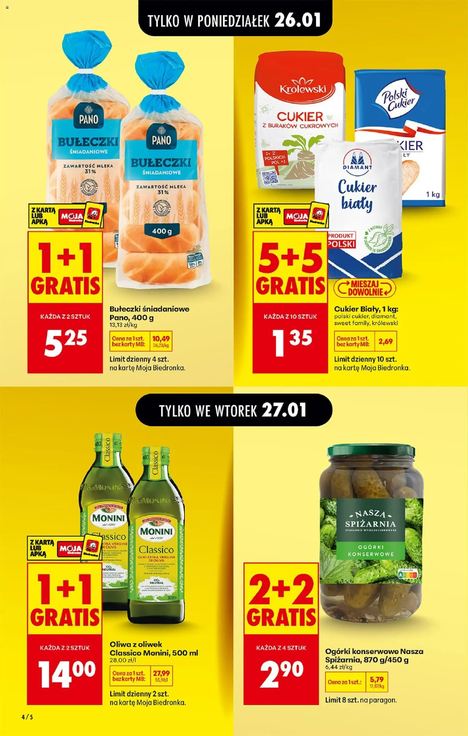 Biedronka gazetka od 26.01.2026 | Strona: 4 | Produkty: Oliwa z oliwek, Bułeczki śniadaniowe, Ogórki, Cukier