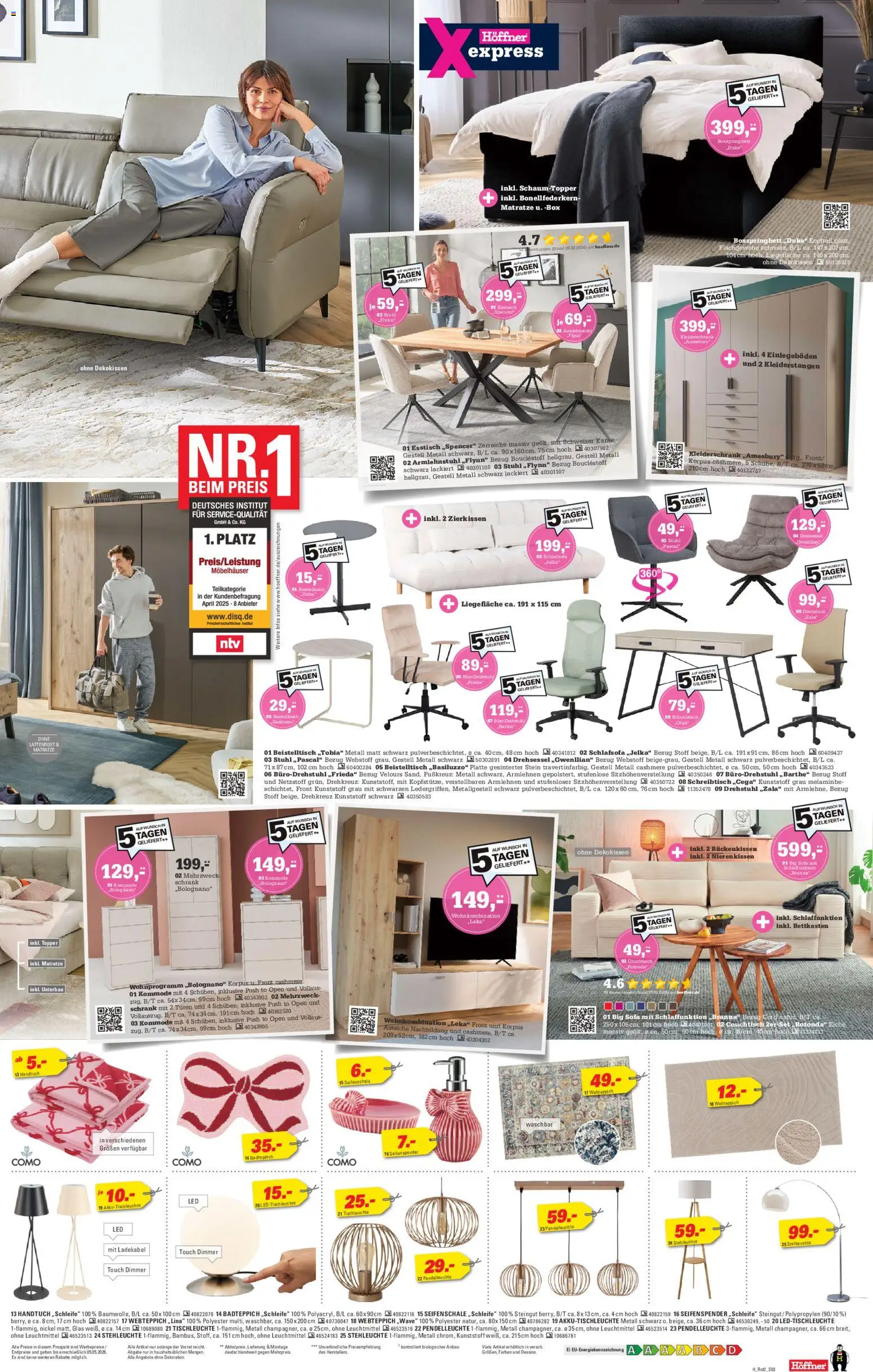 Höffner Prospekt 	 – gültig ab 22.04.2026 | Seite: 3 | Produkte: Beistelltisch, Matratze, Sofa, Ladekabel