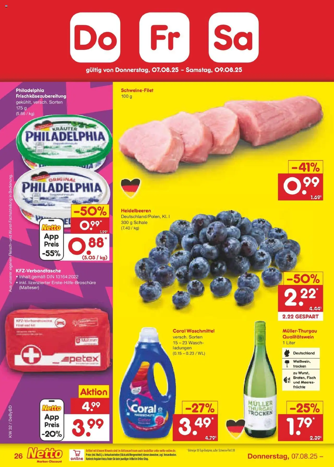 Netto Marken-Discount prospekt Buttenwiesen	 - gültig ab dem 04.08.2025 | Seite: 50 | Produkte: Coral waschmittel, Heidelbeeren, Schweinefilet, Fisch