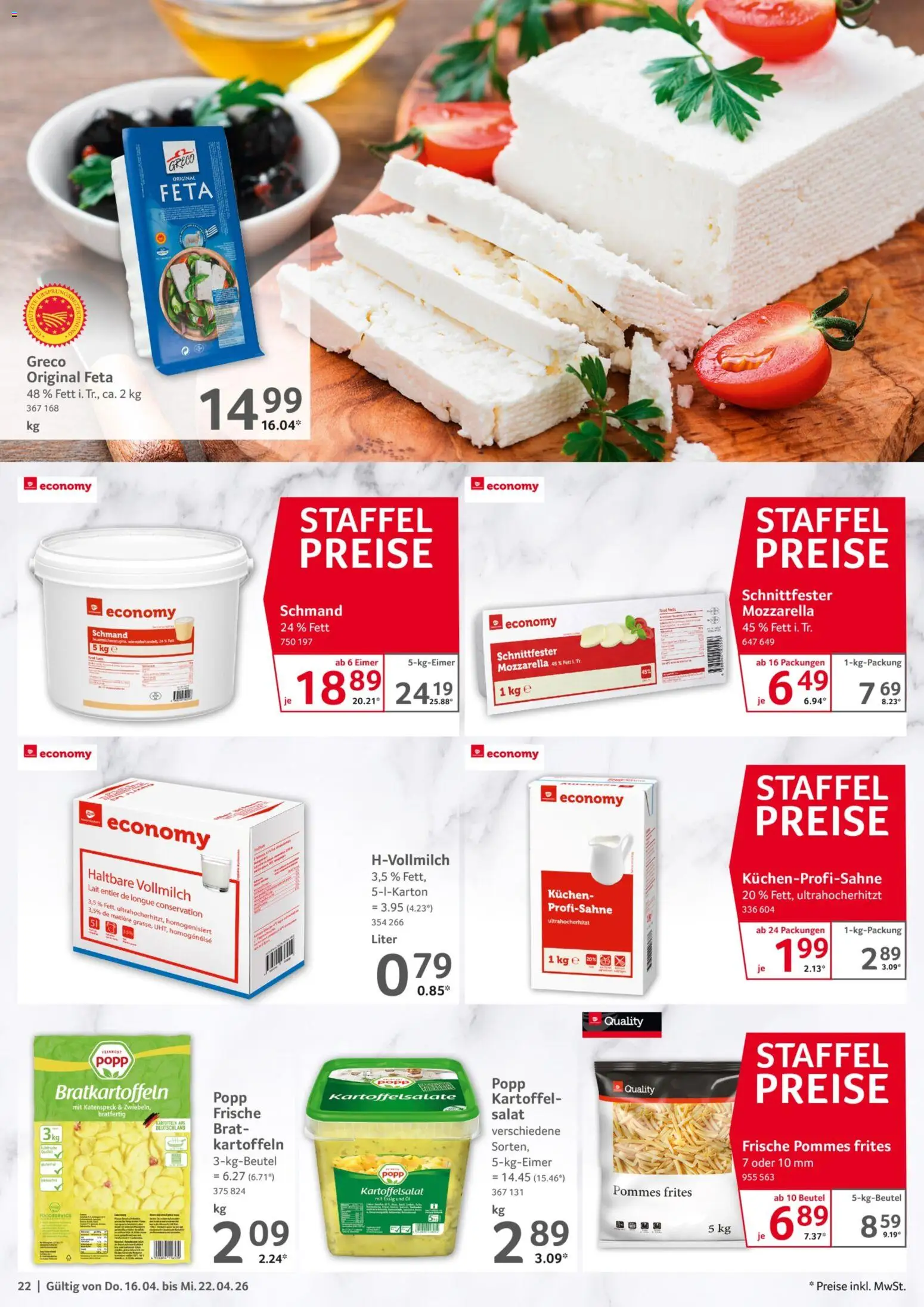 Selgros Prospekt 	 – gültig ab 16.04.2026 | Seite: 22 | Produkte: Feta, Essig, Pommes frites, Kuchen