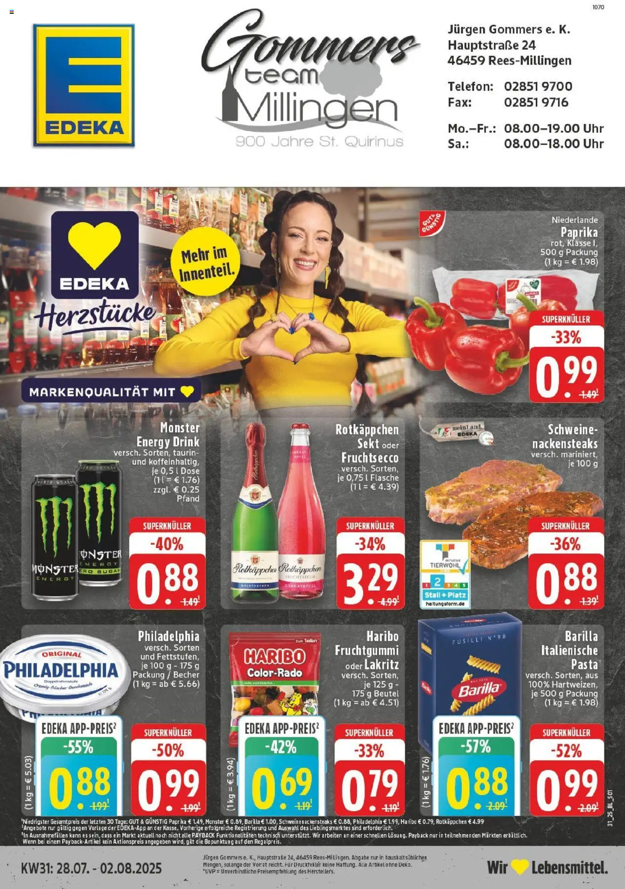 Edeka prospekt Rees-Millingen	 - gültig ab dem 27.07.2025 | Seite: 1 | Produkte: Nackensteaks, Haribo, Telefon, Uhr