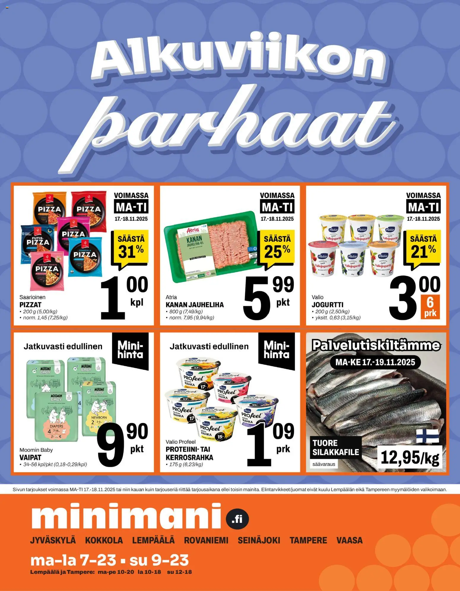 Minimani tarjoukset – voimassa 17.11.2025 alkaen | Sivu: 1 | Tuotteet: Jauheliha, Jogurtti, Kinkku, Pizza