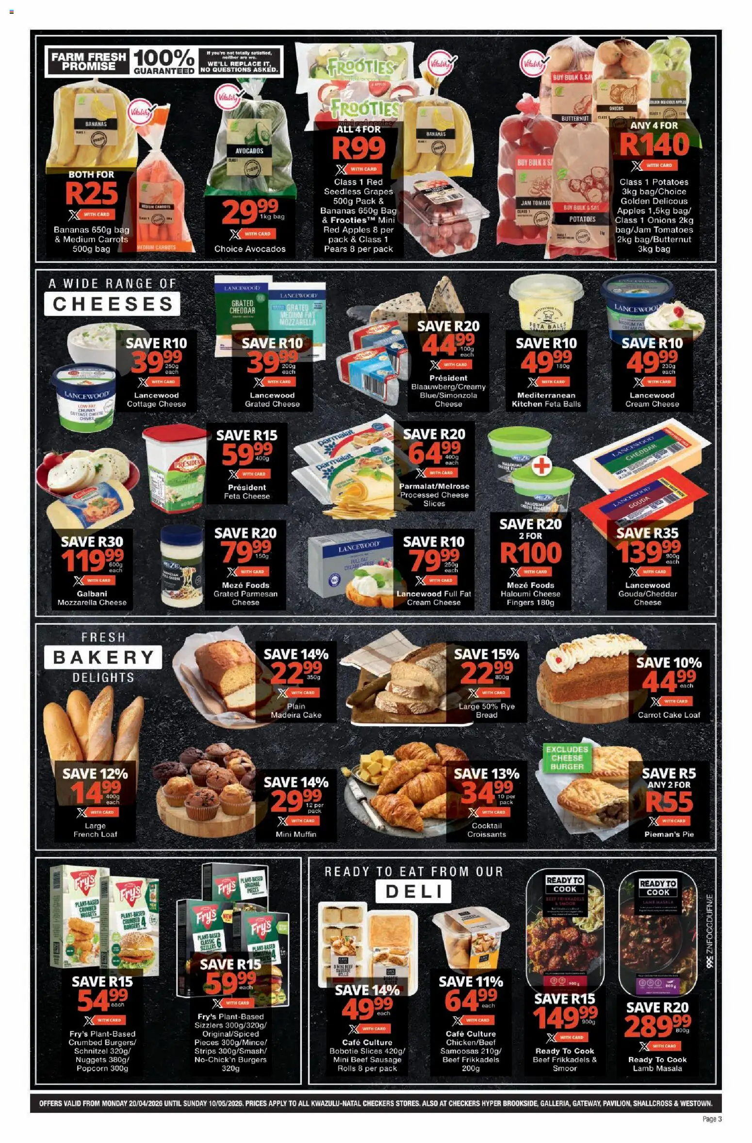 New Checkers catalogue – valid from 20.04.2026 | Page: 3 | Products: Cheese, Tomatoes, Máscara de pestañas, Grapes