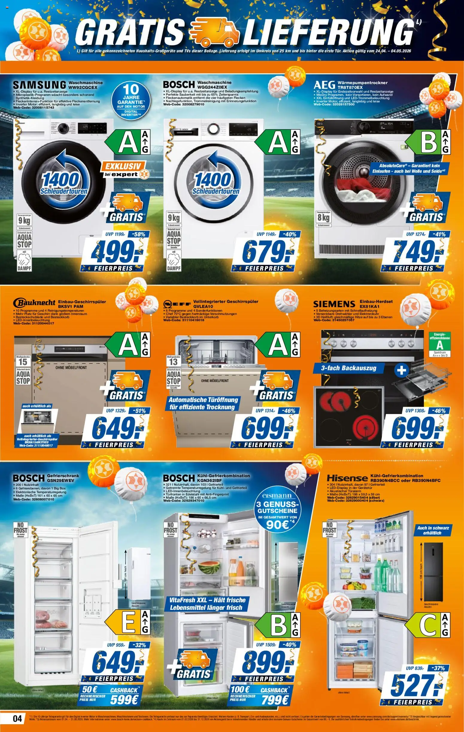 Expert Prospekt 	 – gültig ab 24.04.2026 | Seite: 4 | Produkte: Gefrierschrank, Geschirrspüler, Kühlgefrierkombination, Waschtrockner