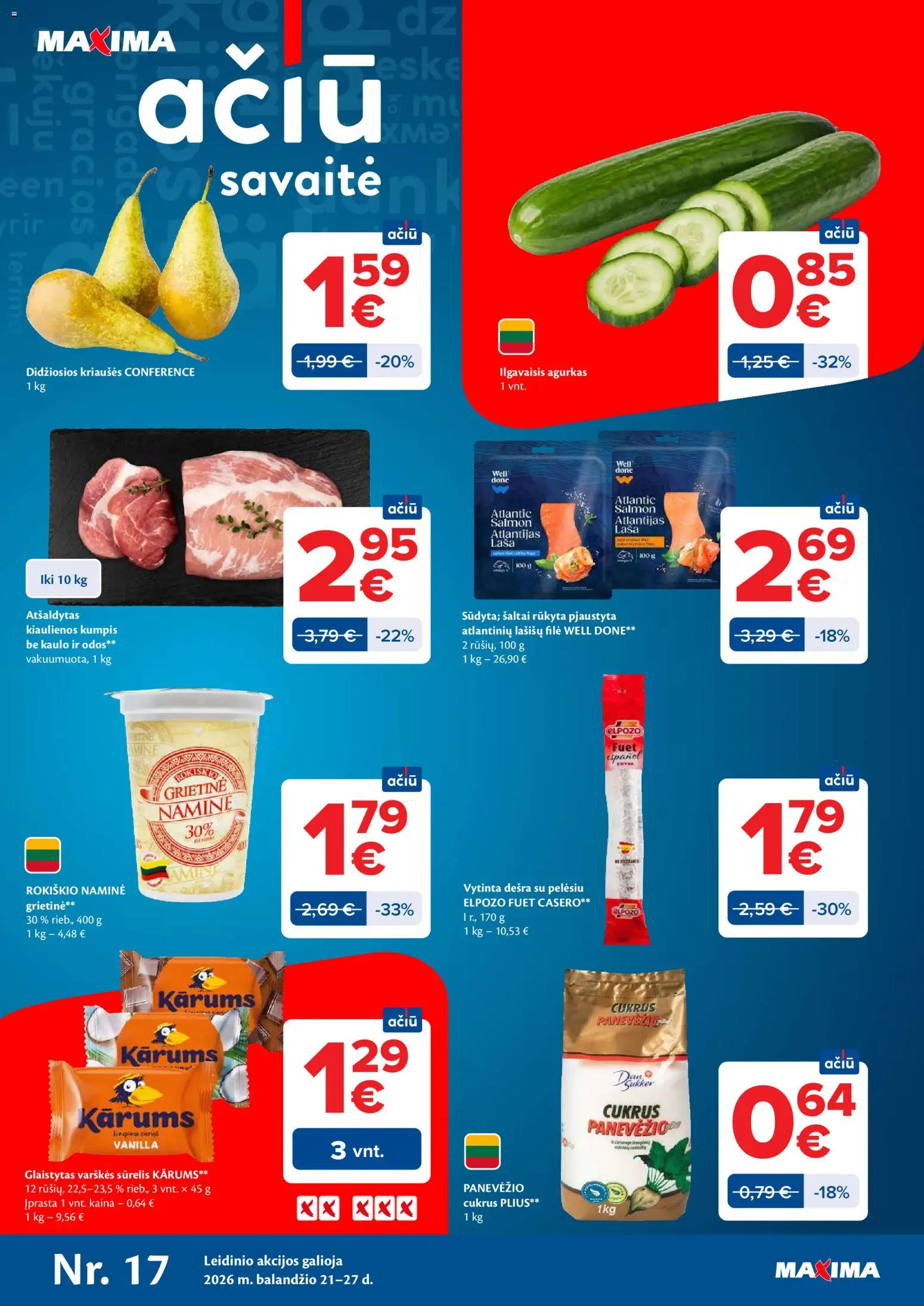 MAXIMA akcijos nuo 21.04.2026 | Puslapis: 1 | Prekių: Kiaulienos, Kumpis, Cukrus, Grietinė
