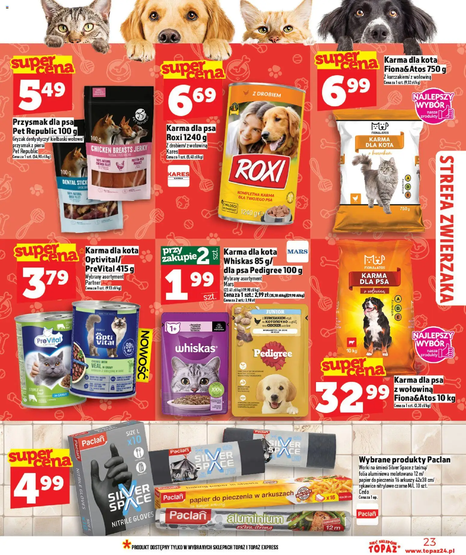 Topaz gazetka od 05.03.2026 | Strona: 23 | Produkty: Piersi, Pedigree, Karma dla kota, Wołowina