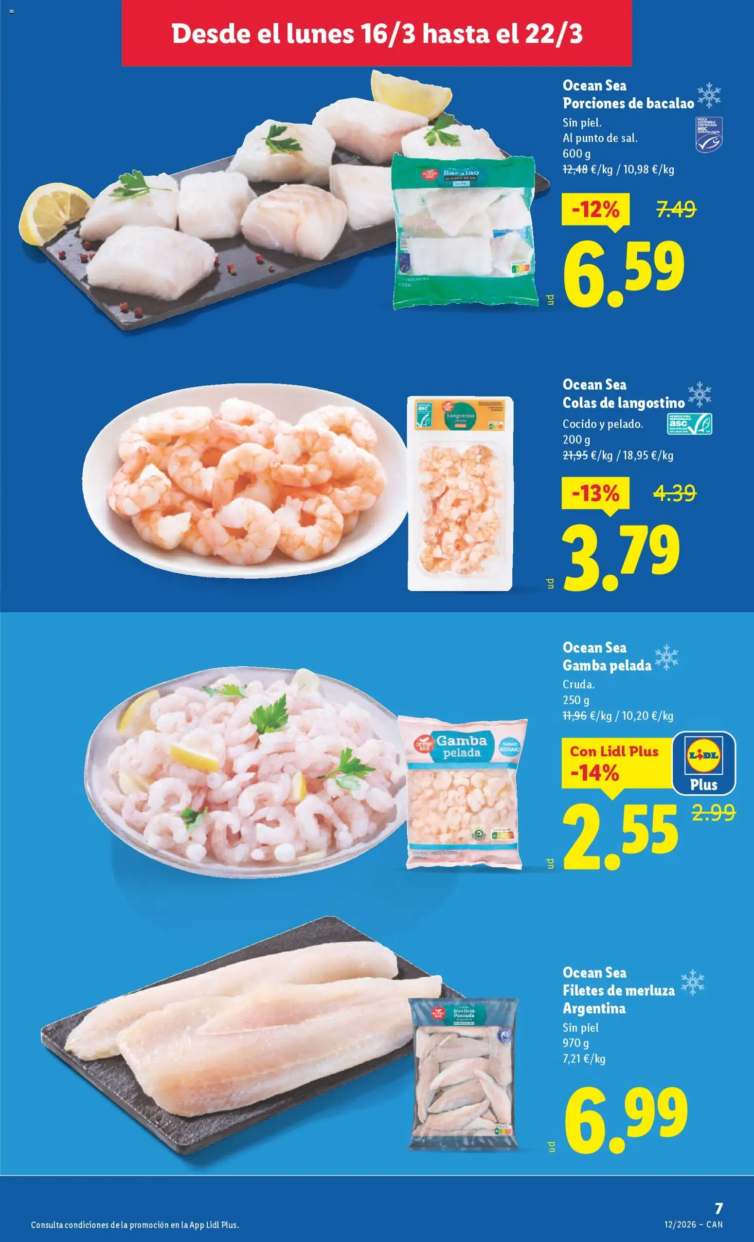 Lidl folleto │ válido desde el 16.03.2026 | Página: 7 | Productos: Filetes de merluza, Langostino, Gamba