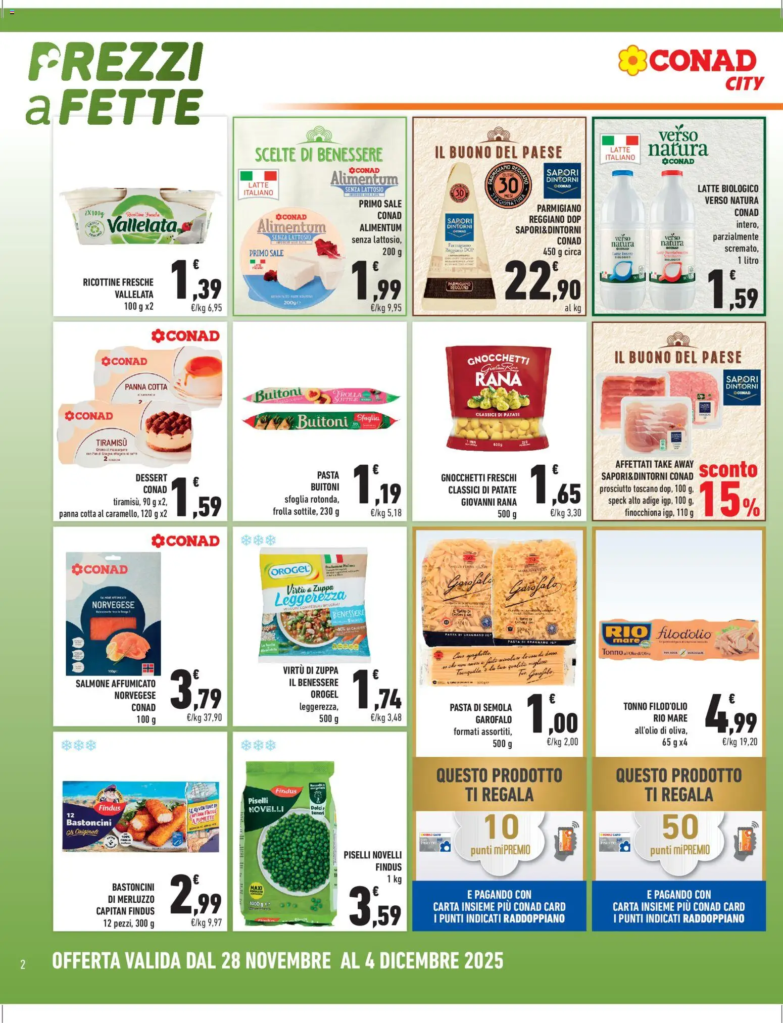 Volantino Conad del 28.11.2025 | Pagina: 2 | Prodotti: Sale, Prosciutto, Tonno, Parmigiano reggiano