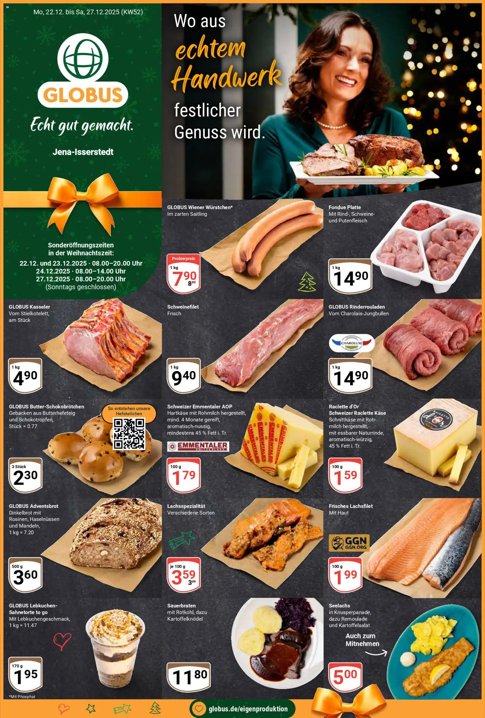 Globus Prospekt 	 – gültig ab 22.12.2025 | Seite: 1 | Produkte: Rinderrouladen, Milch, Schweinefilet, Raclette