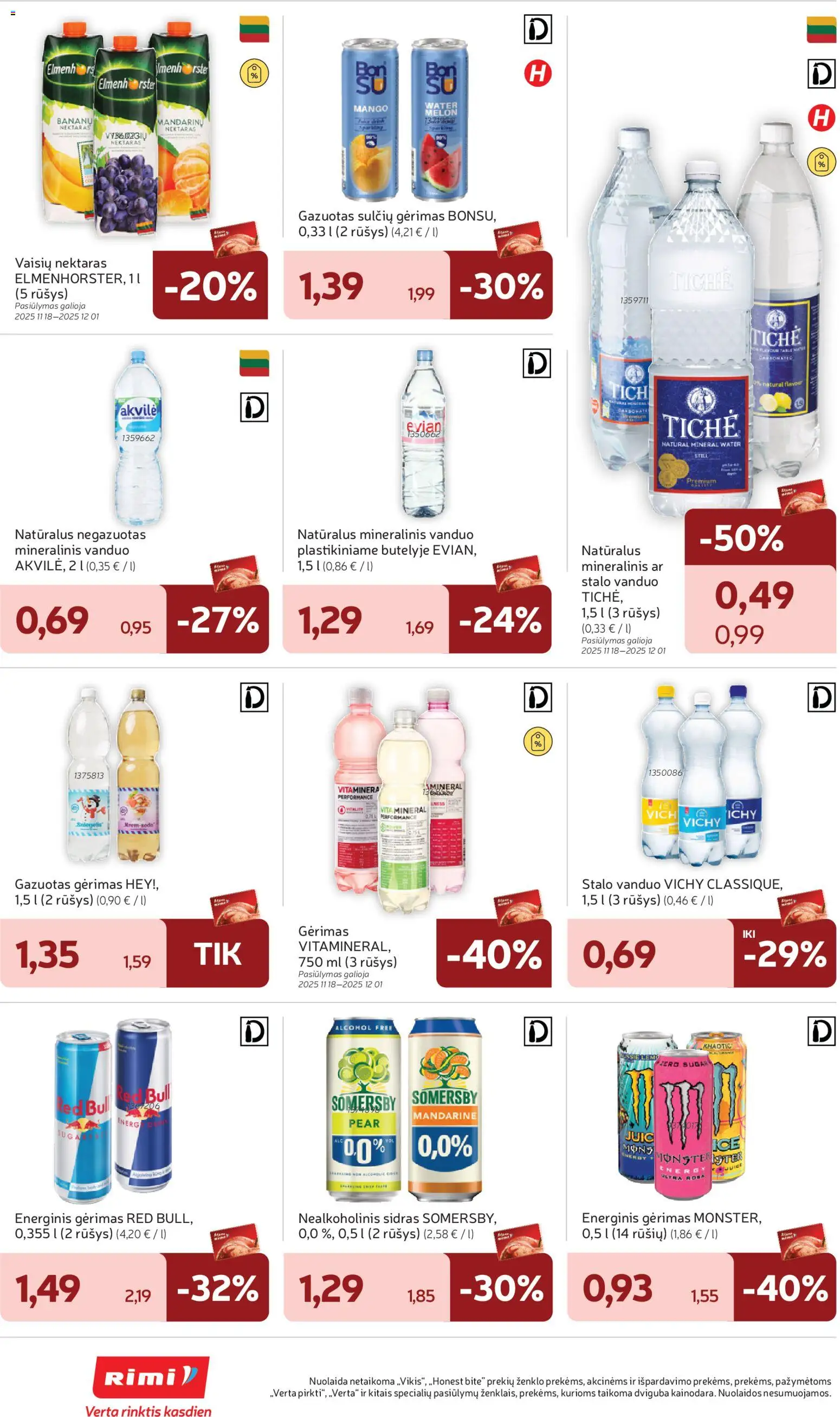 Rimi akcijos nuo 18.11.2025 | Puslapis: 30 | Prekių: Nealkoholinis sidras, Energinis gėrimas, Mineralinis vanduo