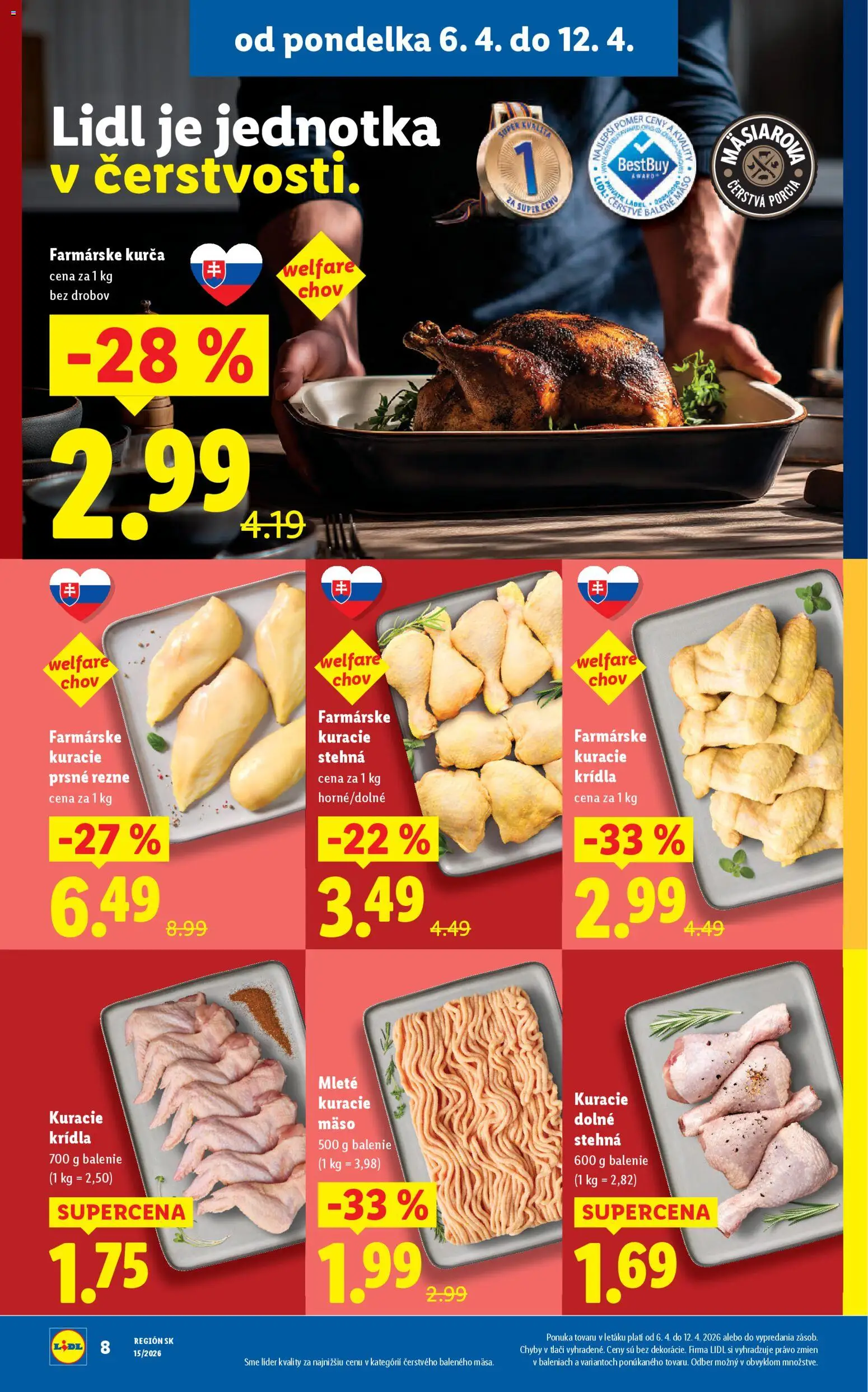 Nové Lidl akcie – leták je platný od 06.04.2026 | Strana: 8 | Produkty: Kuracie mäso, Kuracie stehná, Kuracie krídla, Kurča