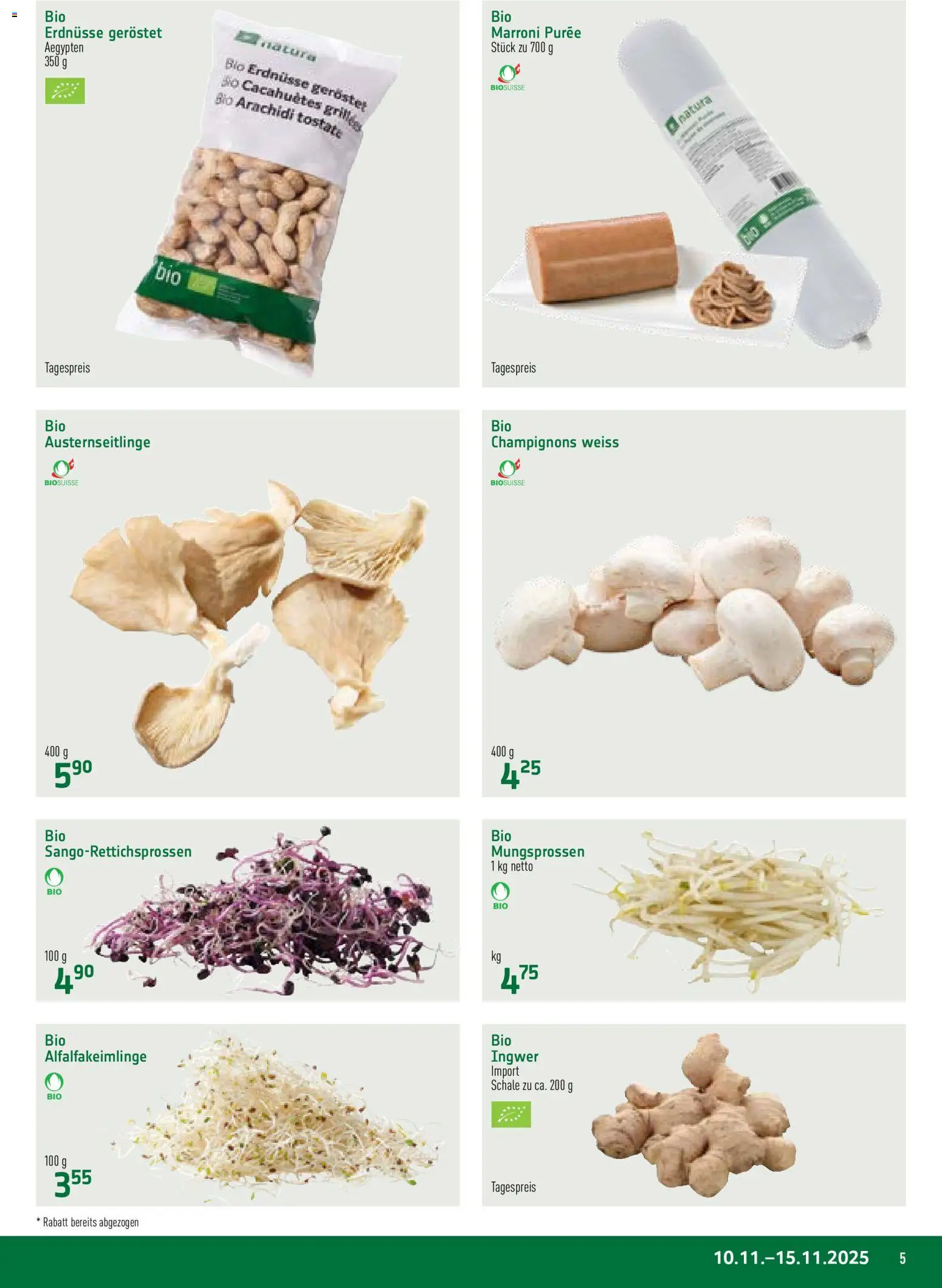Prodega Aktionen Natura – gültig ab 10.11.2025 | Seite: 5 | Produkte: Erdnüsse, Champignons