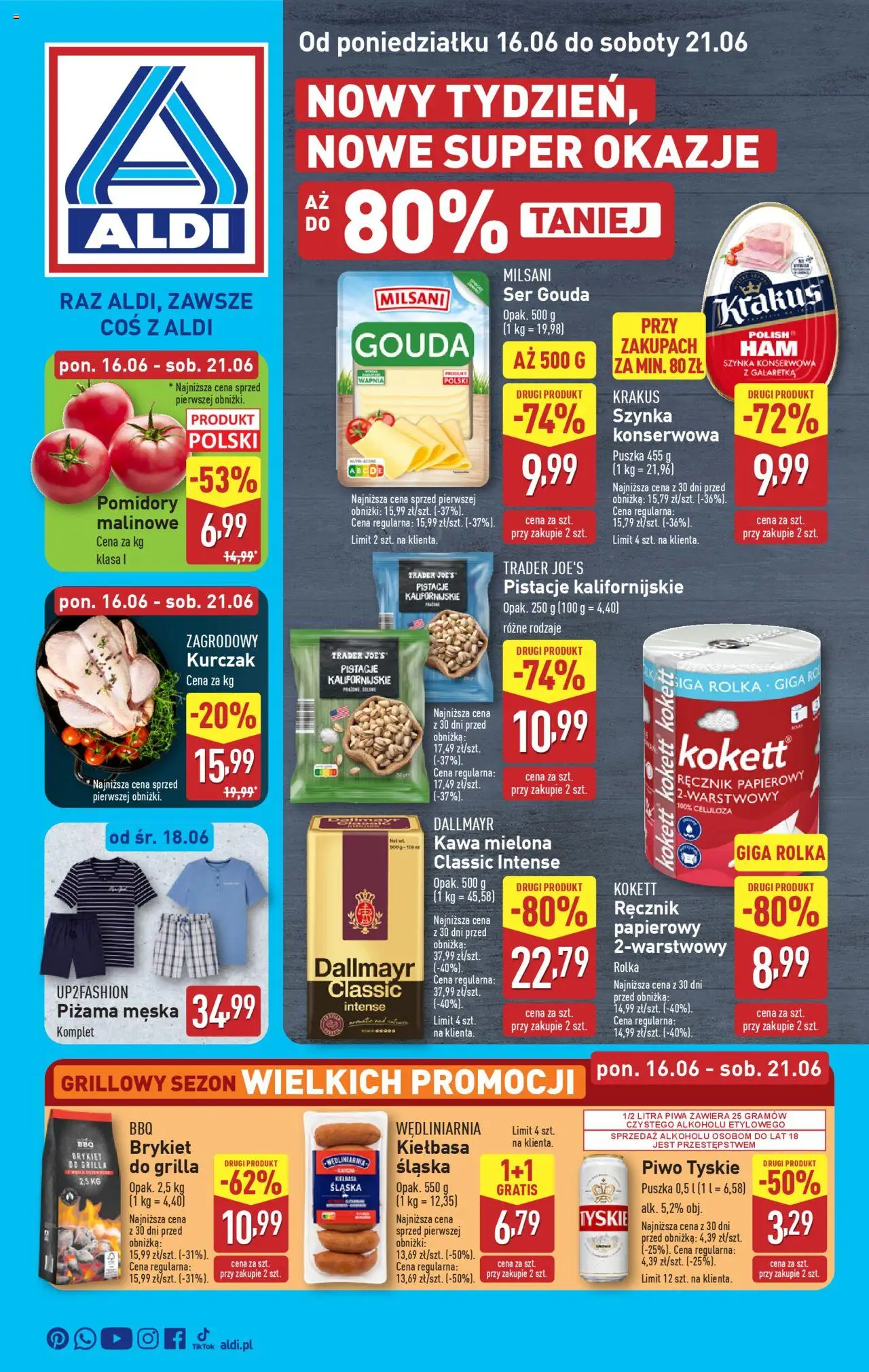 Aldi Gazetka od 16.06.2025 | Strona: 1 | Produkty: Kurczak, Ser, Ręcznik papierowy, Ser gouda