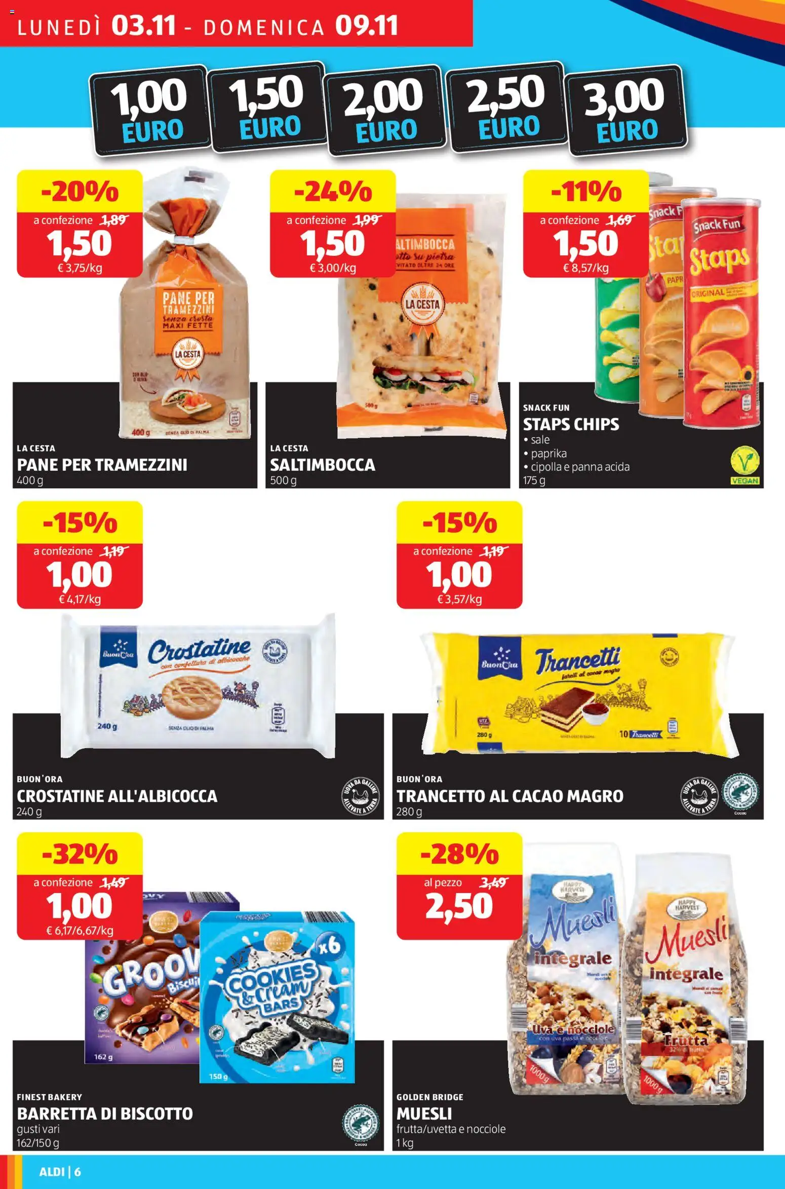 Volantino Aldi del 03.11.2025 | Pagina: 6 | Prodotti: Pane, Uva passa, Sale, Barretta