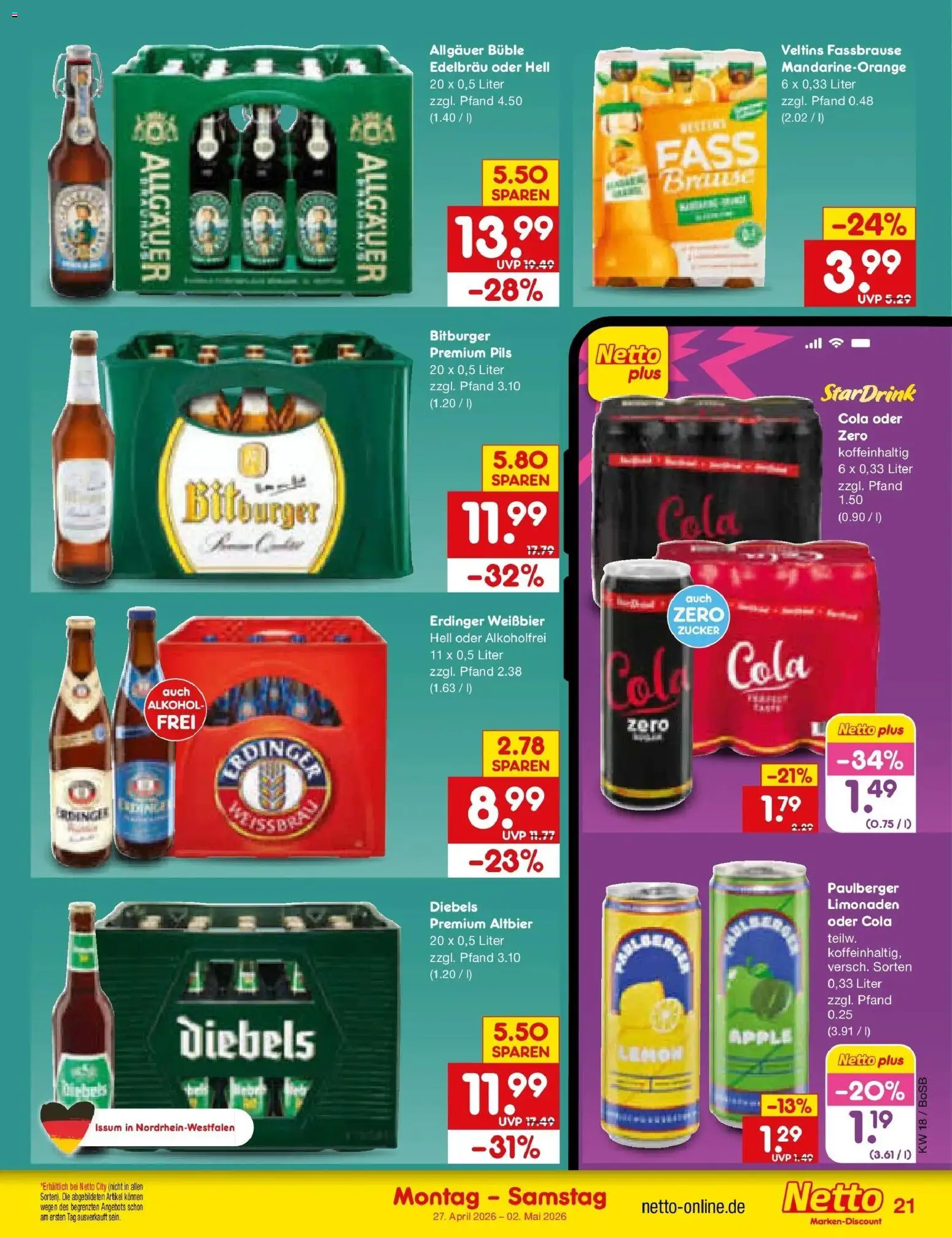 Netto Marken-Discount Prospekt Stadtlohn	 – gültig ab 27.04.2026 | Seite: 25 | Produkte: Bitburger, Erdinger, Cola, Fassbrause