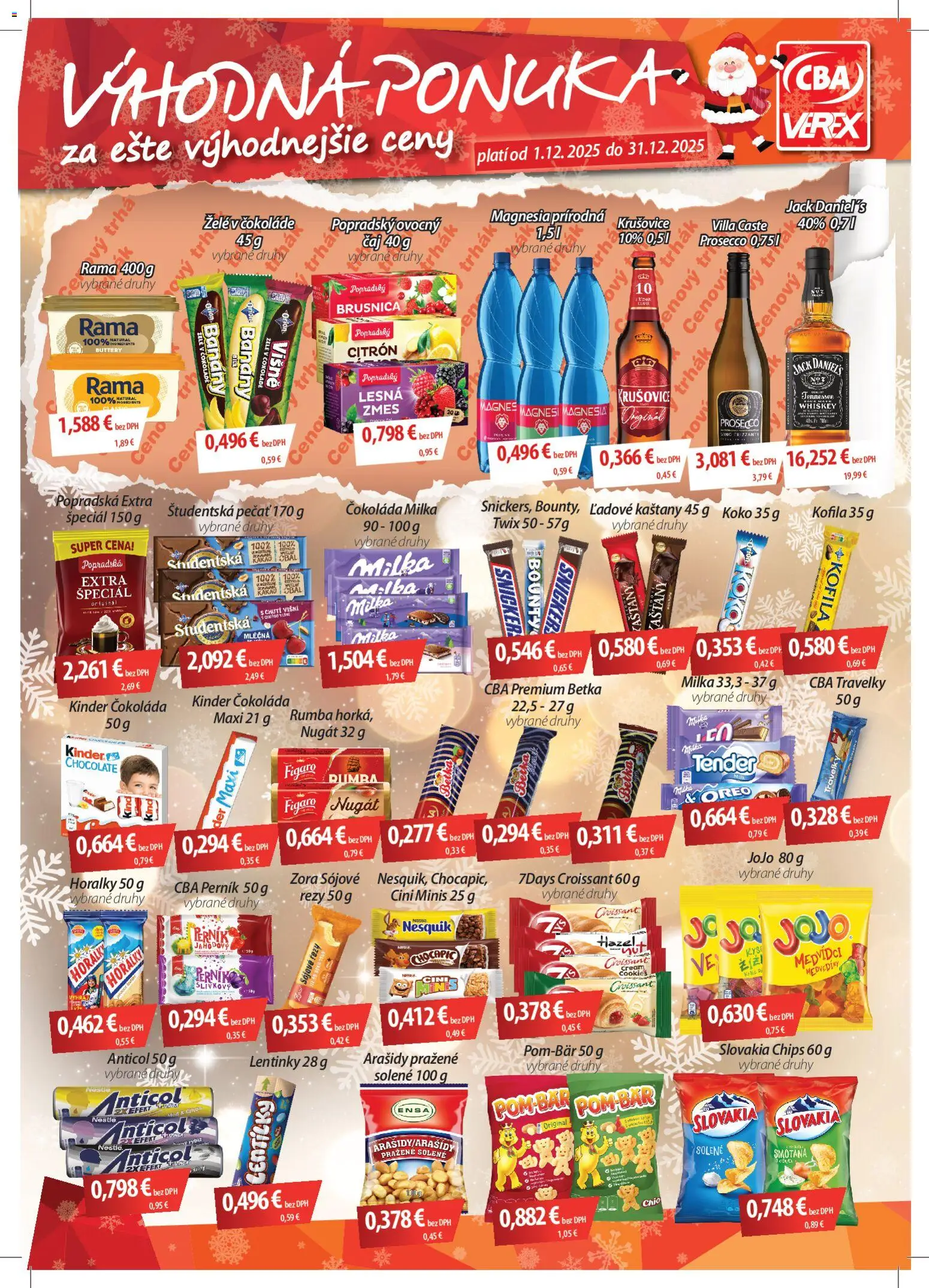Nové CBA Verex akcie – leták je platný od 01.12.2025 | Strana: 1 | Produkty: Prosecco, Cini Minis, Arašidy, Horálky
