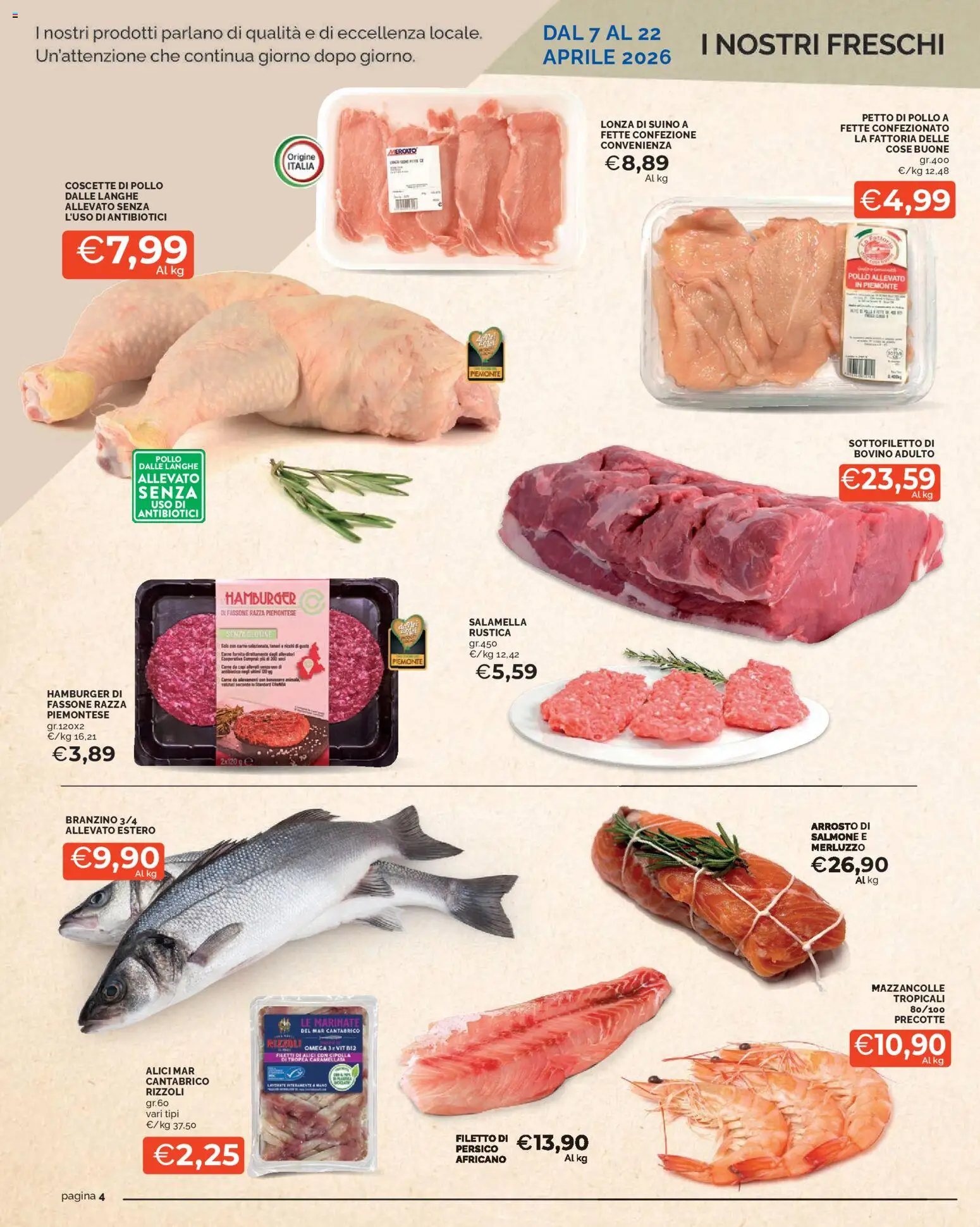 Volantino Mercatò del 07.04.2026 | Pagina: 4 | Prodotti: Petto di Pollo, Salamella, Mazzancolle, Suino