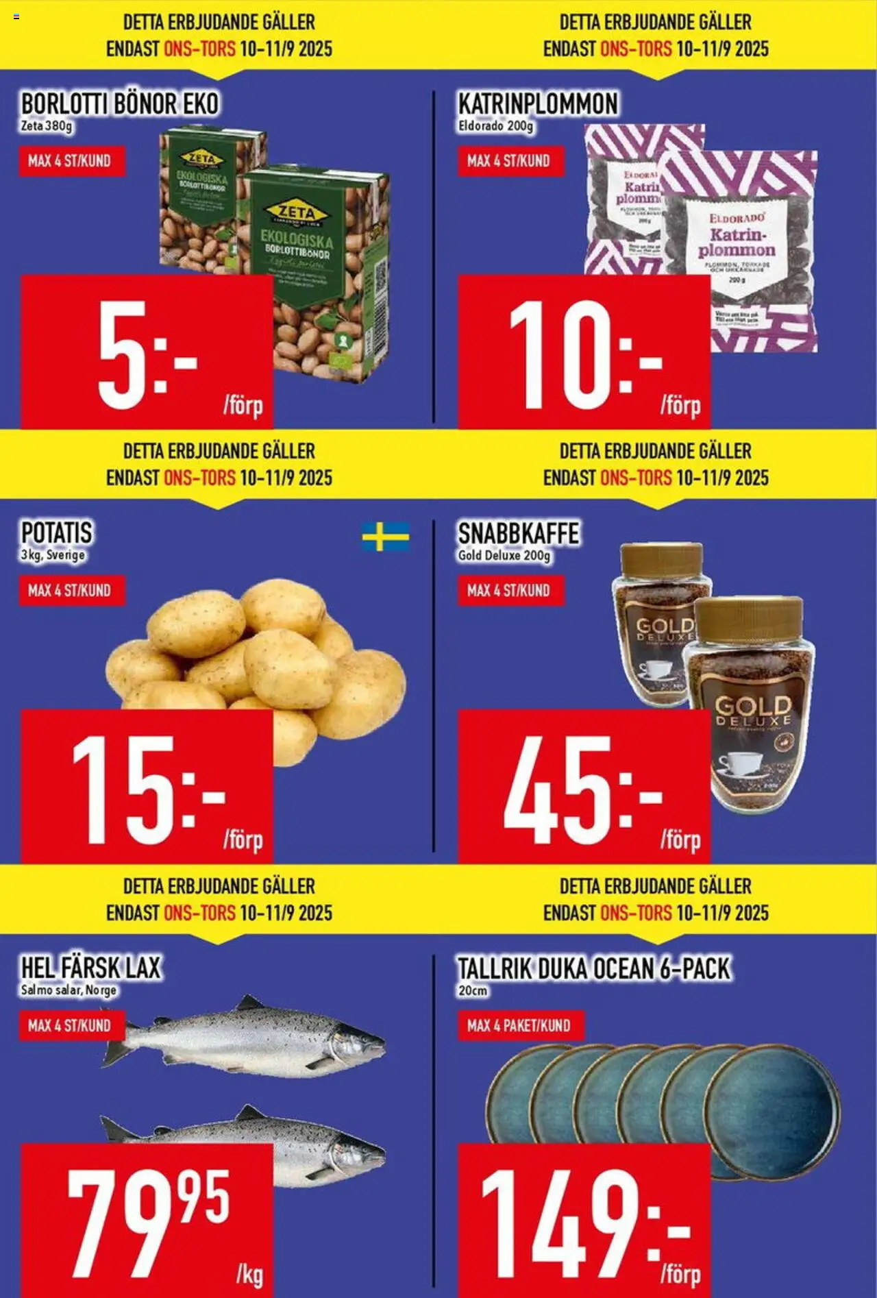 Matdax reklamblad aktuell från 08.09.2025 | Sida: 18 | Produkter: Lax, Plommon, Potatis, Bönor
