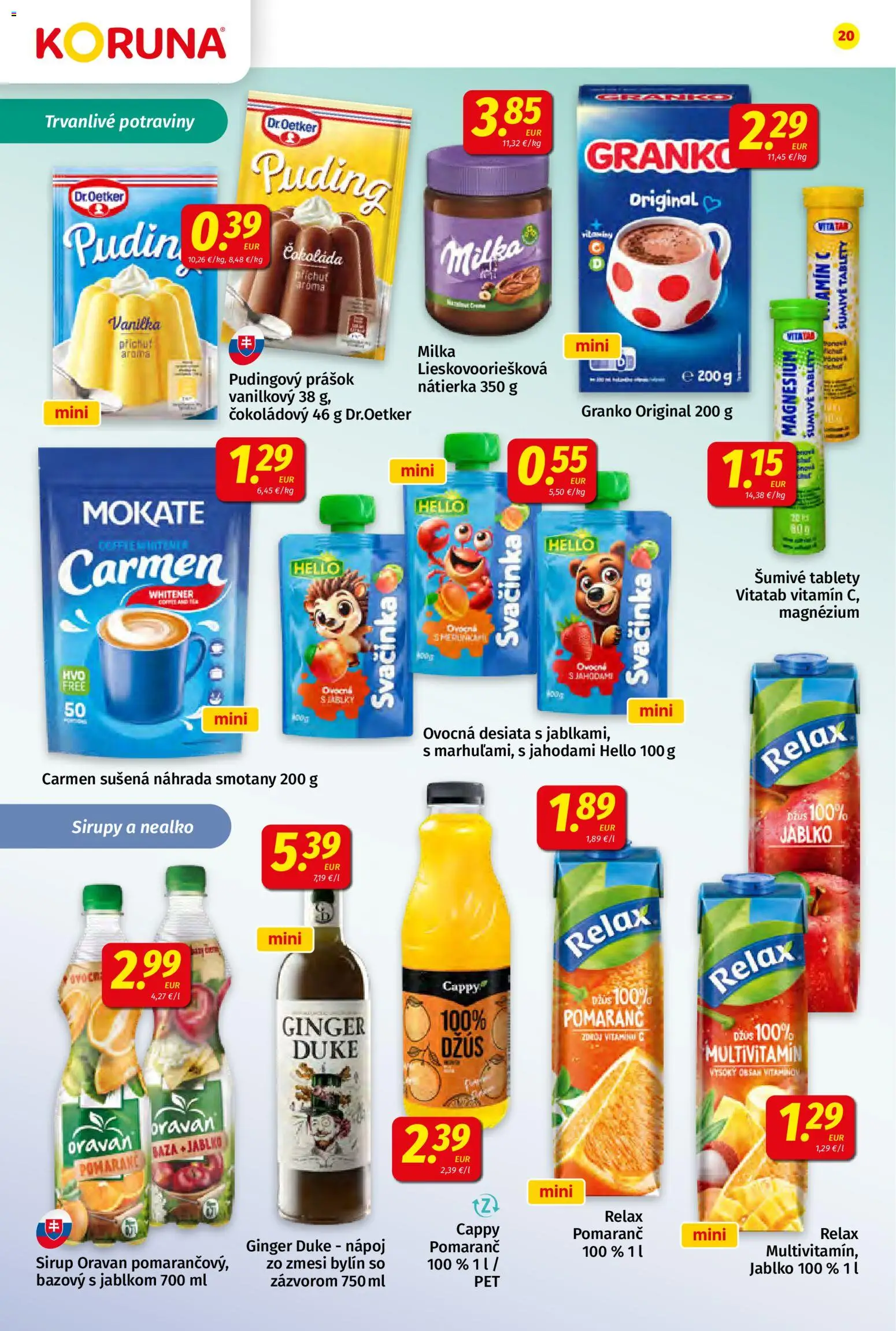Nové Koruna akcie – leták je platný od 20.03.2026 | Strana: 20 | Produkty: Puding, Čokoláda, Milka, Granko