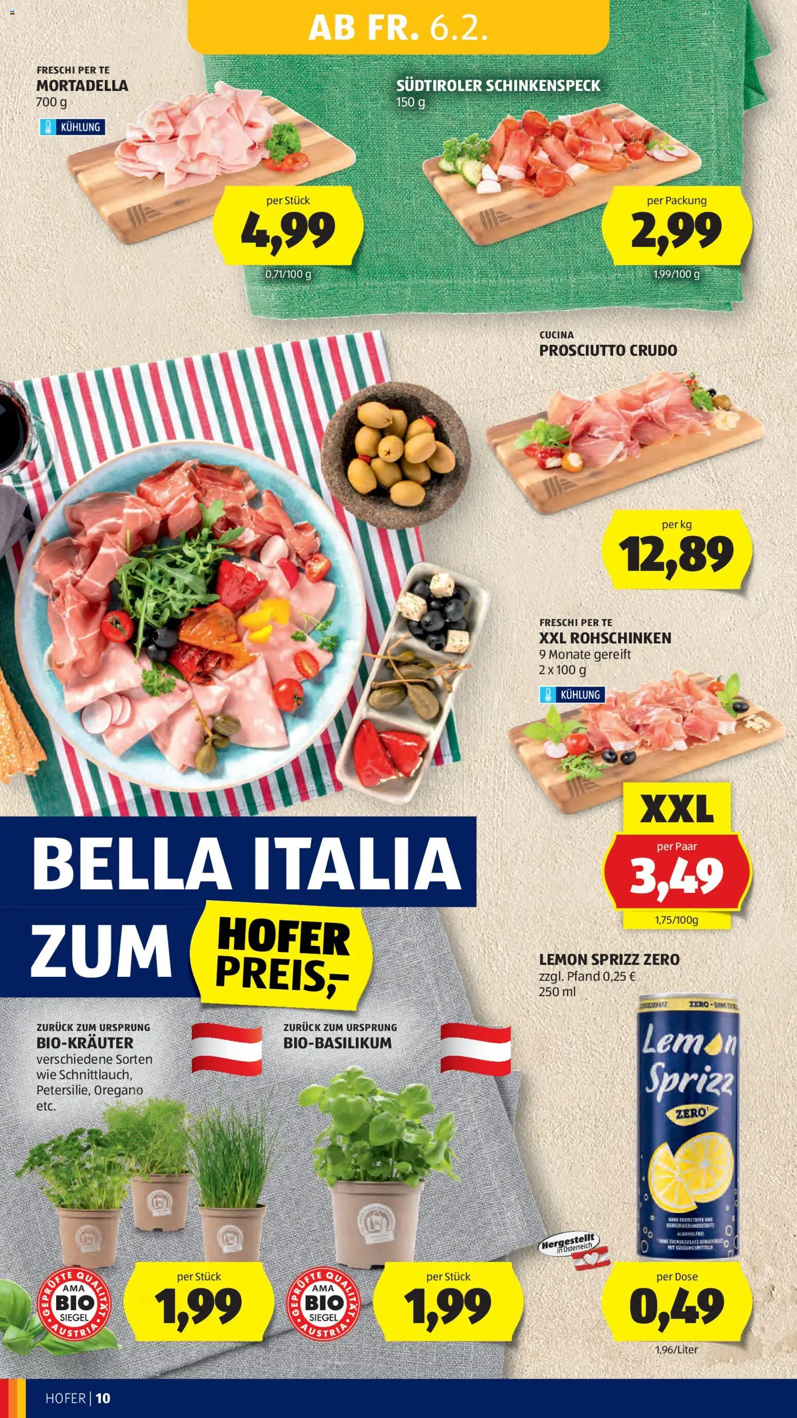 Hofer AT akciós ujság - amely érvényes a következő dátumtól: 06.02.2026 | Oldal: 12 | Termékek: Prosciutto crudo, Oregánó, Mortadella