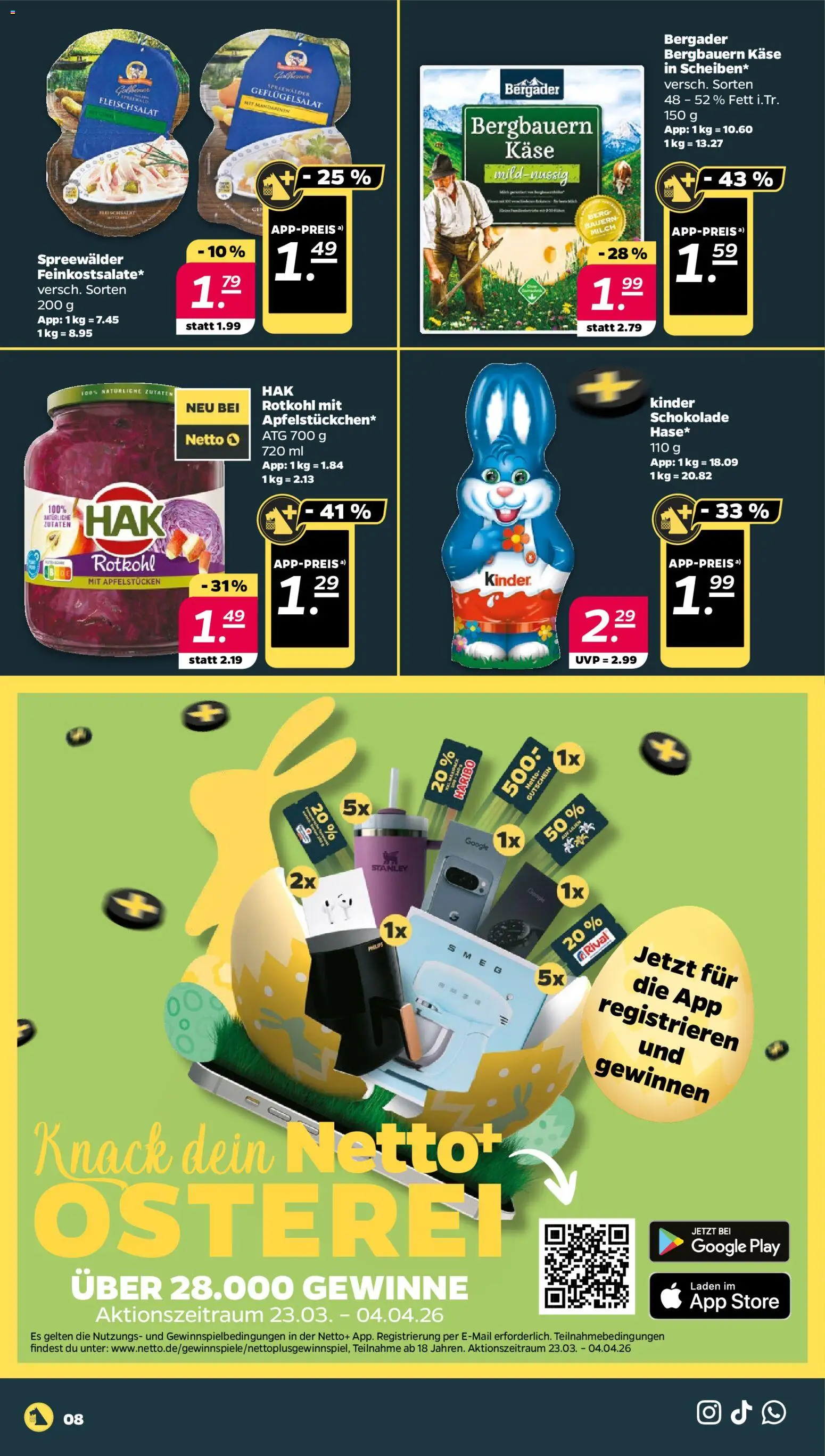 Netto Prospekt 	 – gültig ab 23.03.2026 | Seite: 8 | Produkte: Milch, Käse, Rotkohl, Schokolade