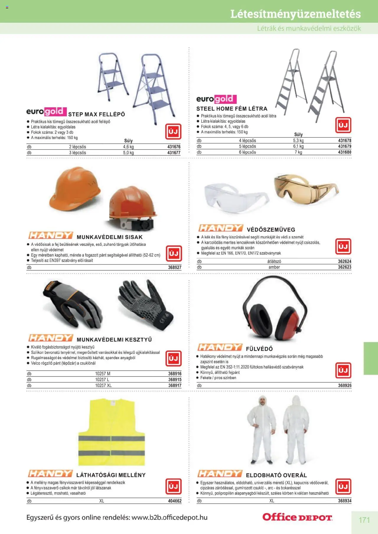 Office Depot akciós ujság - amely érvényes a következő dátumtól: 10.04.2025 | Oldal: 171 | Termékek: Kesztyű, Létra, Mellény, Overál