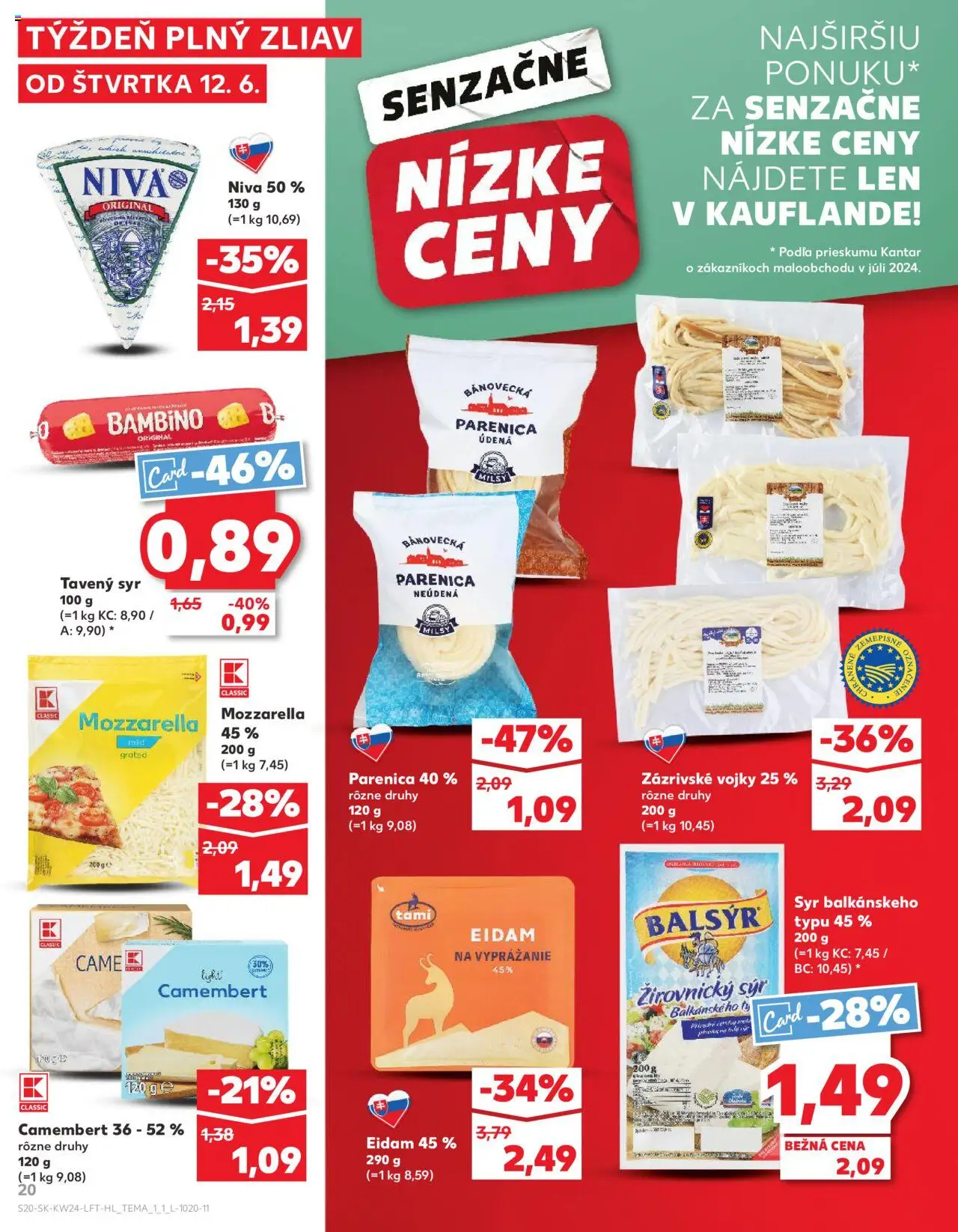 Nové Kaufland akcie – leták je platný od 12.06.2025 | Strana: 20 | Produkty: Syr, Eidam, Mozzarella
