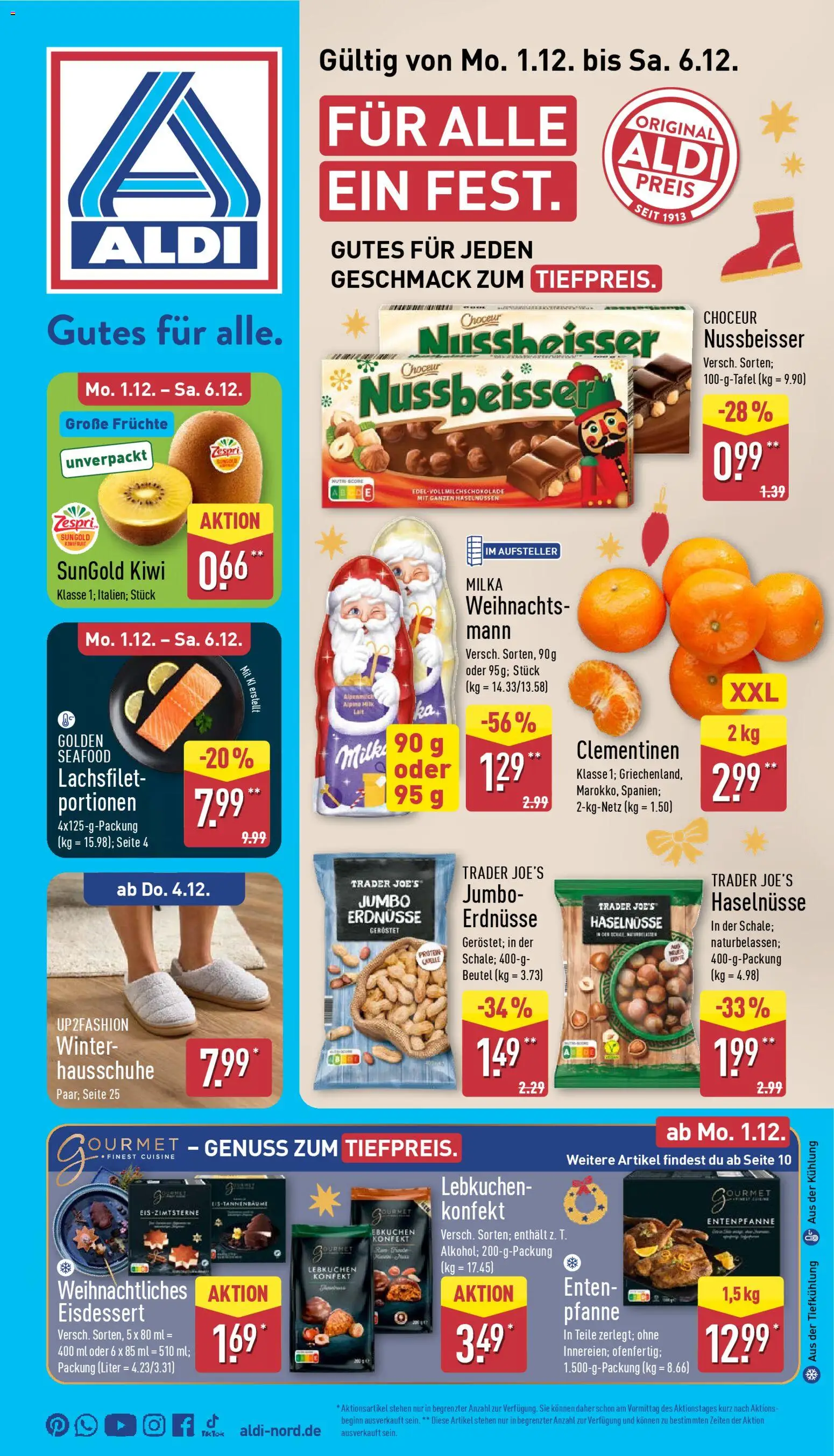 Aldi Prospekt 	 – gültig ab 01.12.2025 | Seite: 1 | Produkte: Up2fashion, Erdnüsse, Milka, Hausschuhe