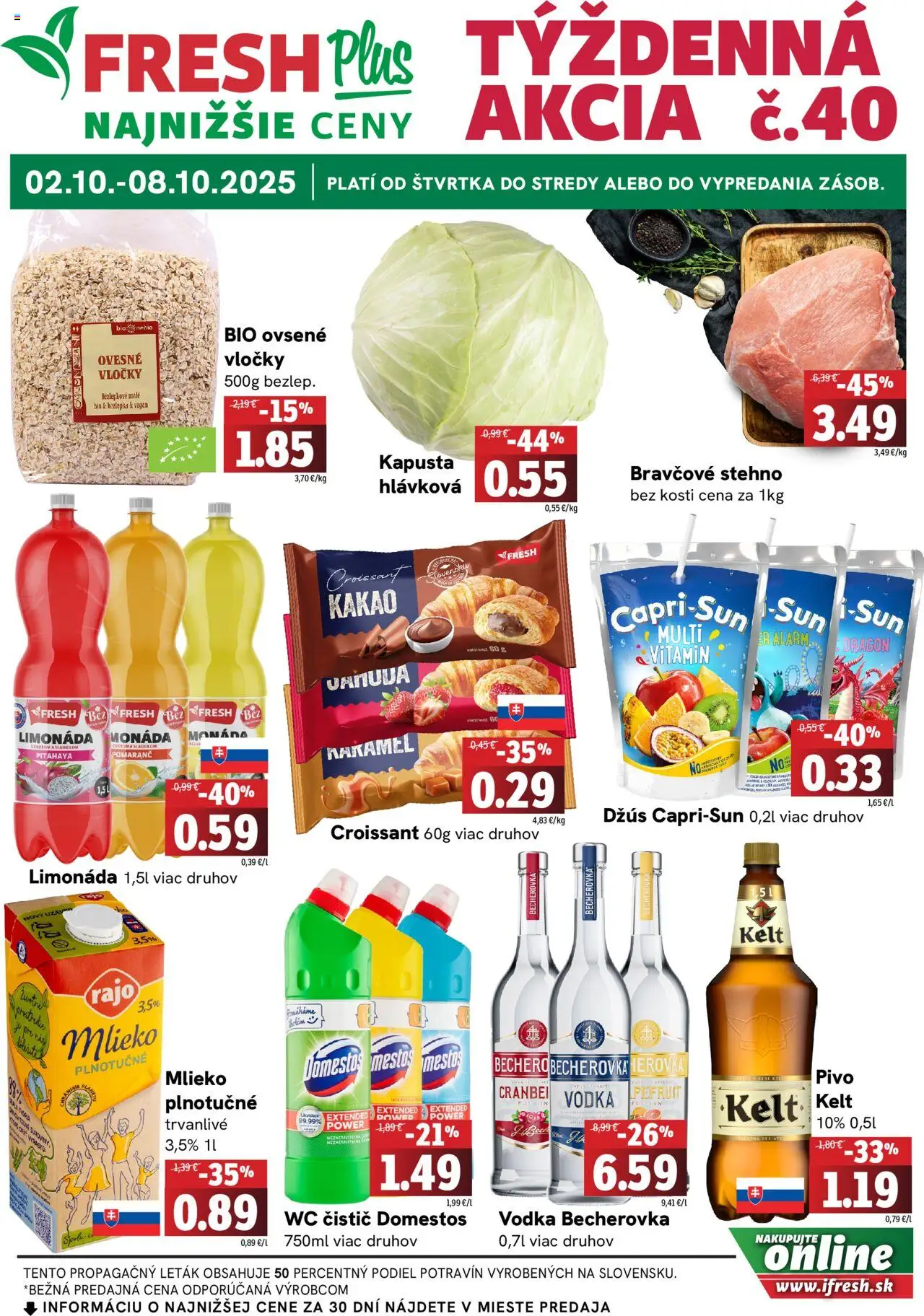 Nové Fresh akcie – leták je platný od 02.10.2025 | Strana: 1 | Produkty: Mlieko, Pivo, Croissant, Kelt