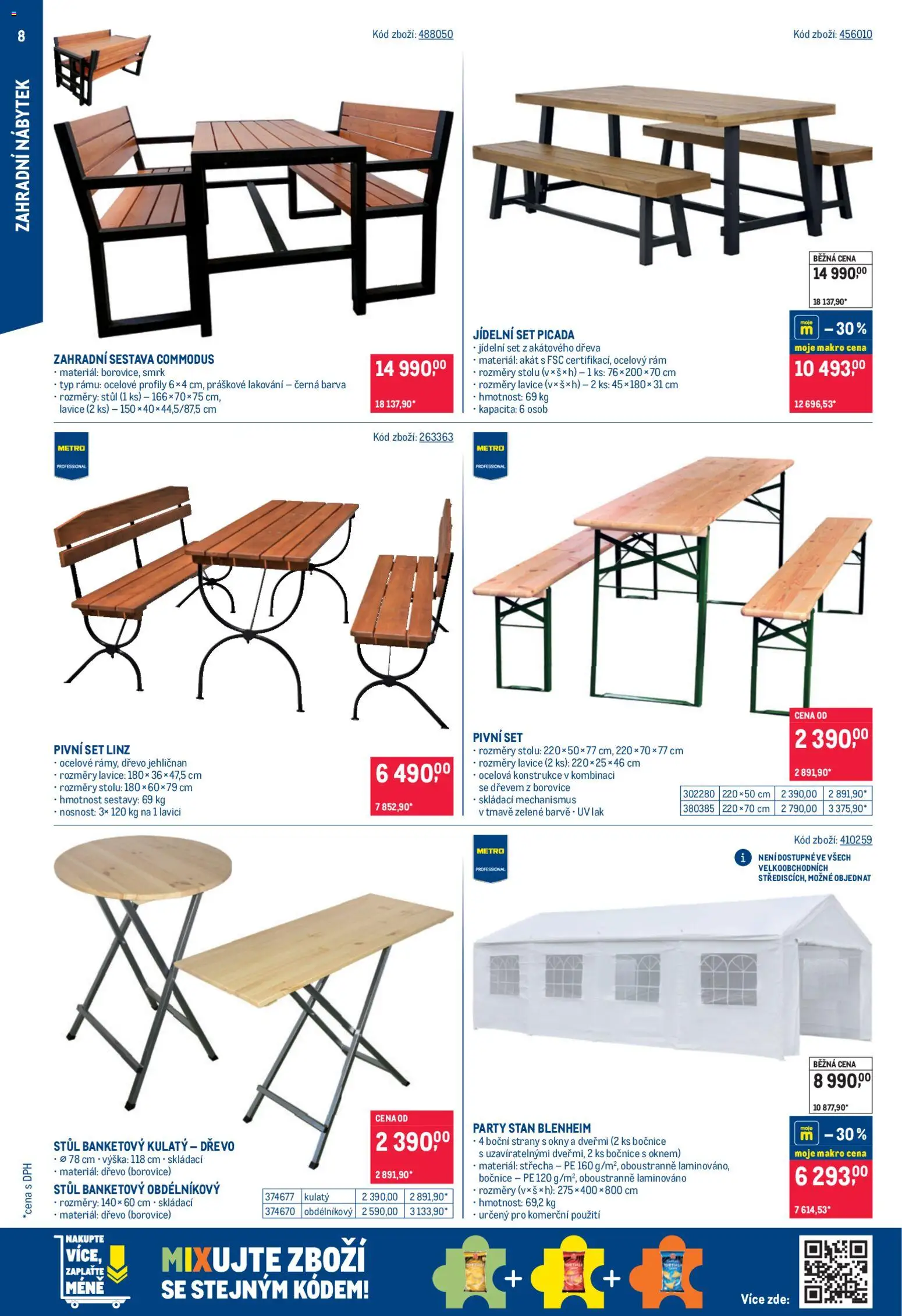 Makro leták - Venkovní vybavení 2 od 08.04.2026 | Strana: 8 | Produkty: Jídelní set, Lavice, Stan, Párty stan