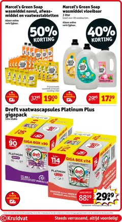 Dreft vaatwascapsules Platinum Plus gigapack 114 stuks, Vaatwascapsules Platinum Plus gigapack, 114 stuks - Voorbeeld van een folder van Kruidvat, geldig van 14.04.2026 | Pagina: 125 | Producten: Wasmiddel, Kan, Afwasmiddel, Box