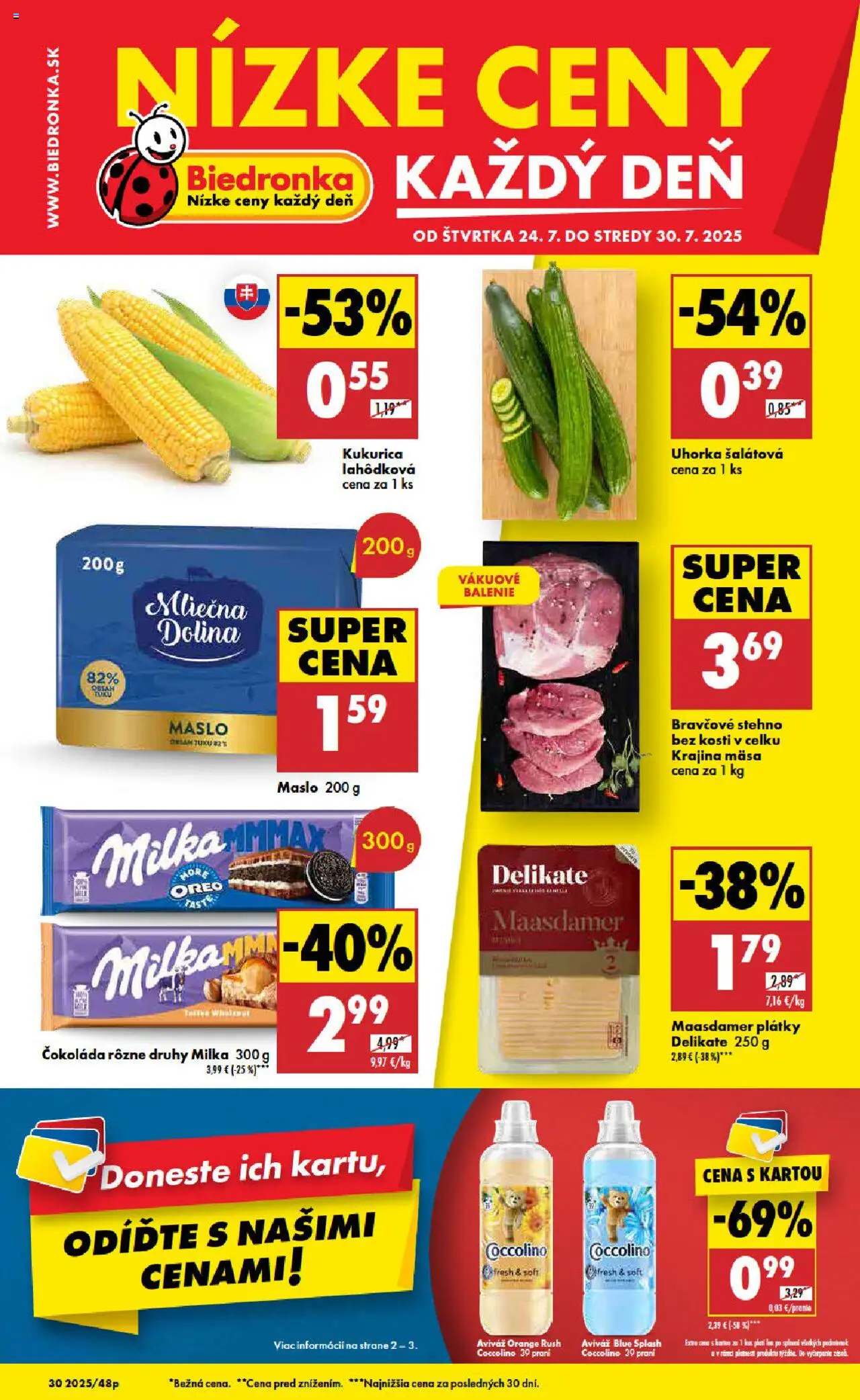 Biedronka leták │ platný od 24.07.2025 | Strana: 1 | Produkty: Maslo, Bravčové stehno, Čokoláda, Milka