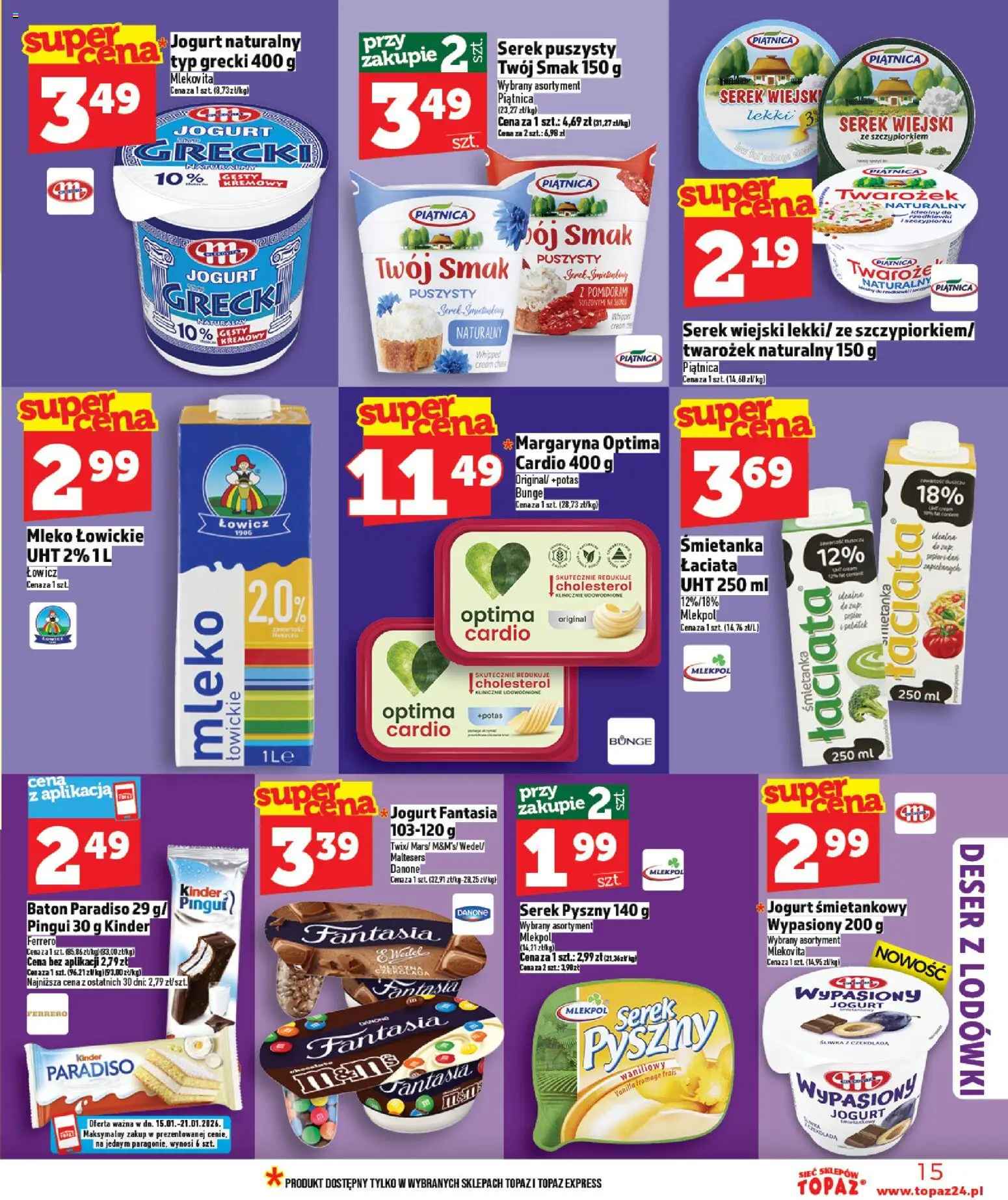 Topaz Gazetka MAZ od 15.01.2026 | Strona: 15 | Produkty: Serek wiejski, Margaryna, Czekolada, Twarożek