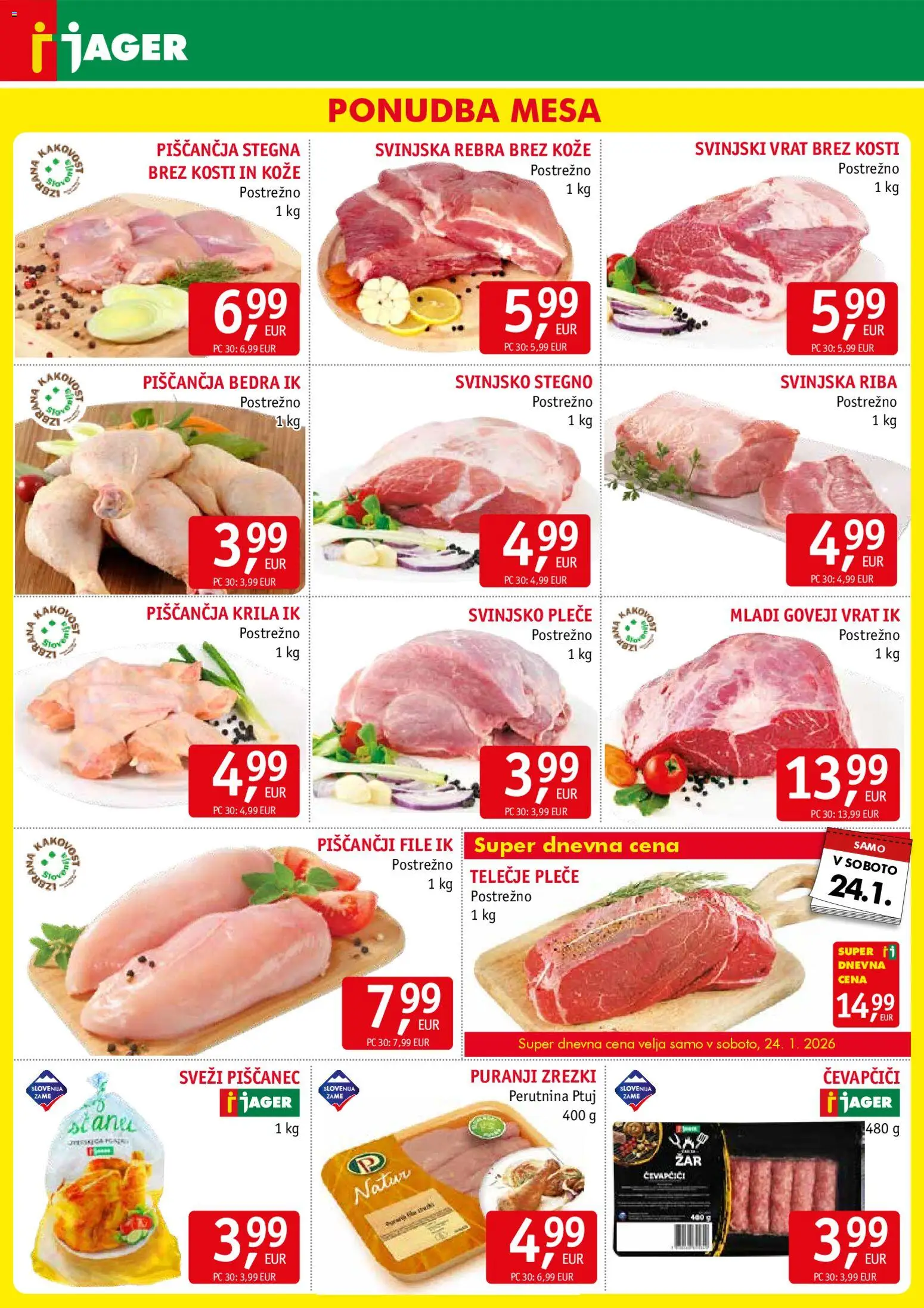 Novi Jager katalog ponudbe – veljaven od 21.01.2026 | Stran: 3 | Izdelki: Čevapčiči, Piščančja bedra, Zrezki, Riba