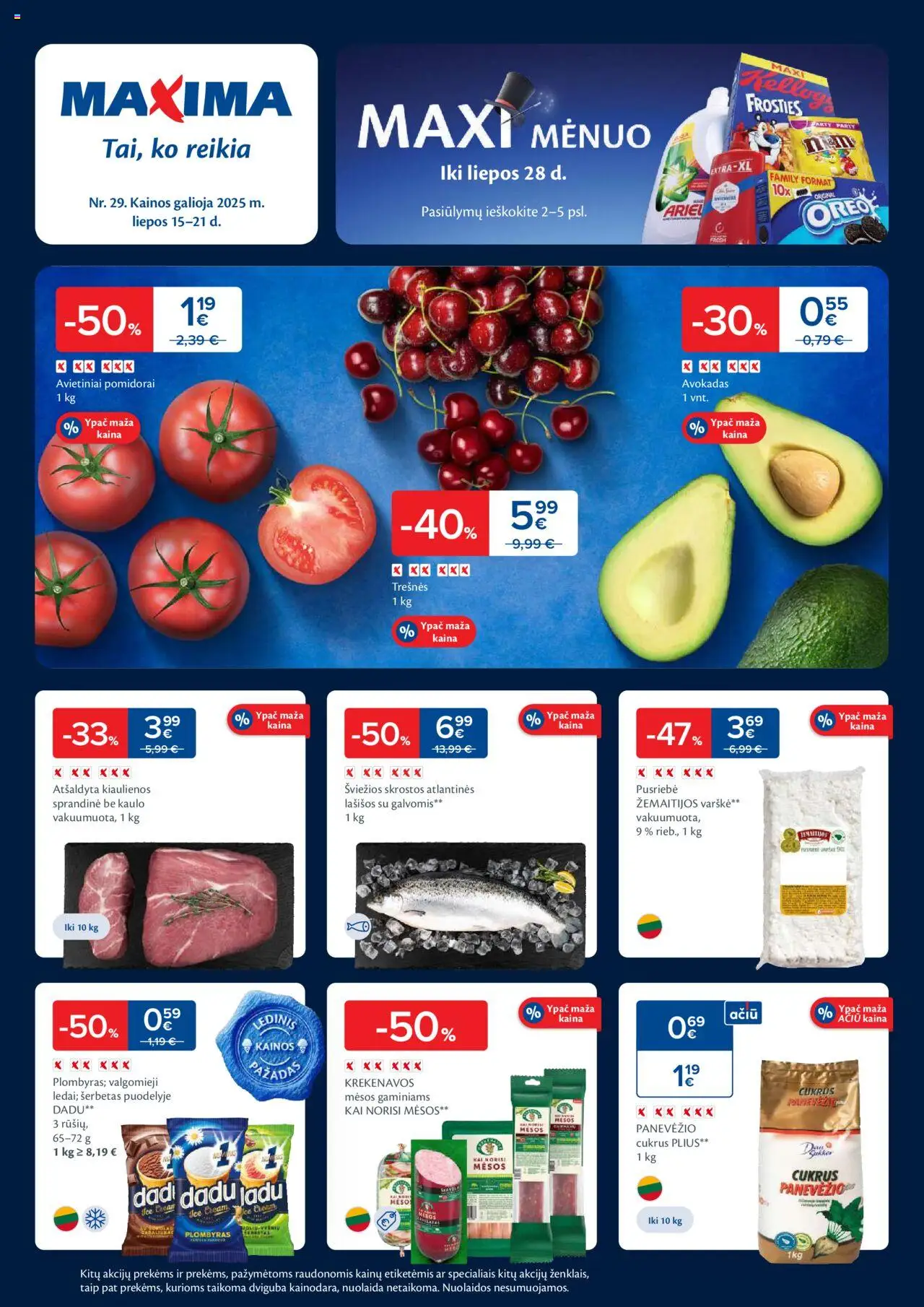 MAXIMA leidinys│galioja nuo 15.07.2025 | Puslapis: 1 | Prekių: Kiaulienos, Lašišos, Plombyras, Cukrus