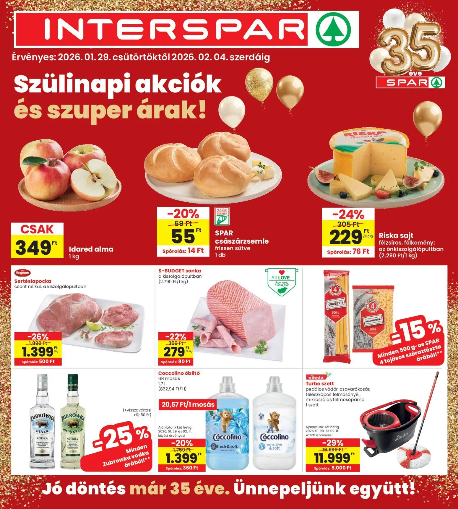 Interspar akciós ujság - amely érvényes a következő dátumtól: 29.01.2026 | Oldal: 1 | Termékek: Coccolino, Száraztészta, Vodka, Vileda
