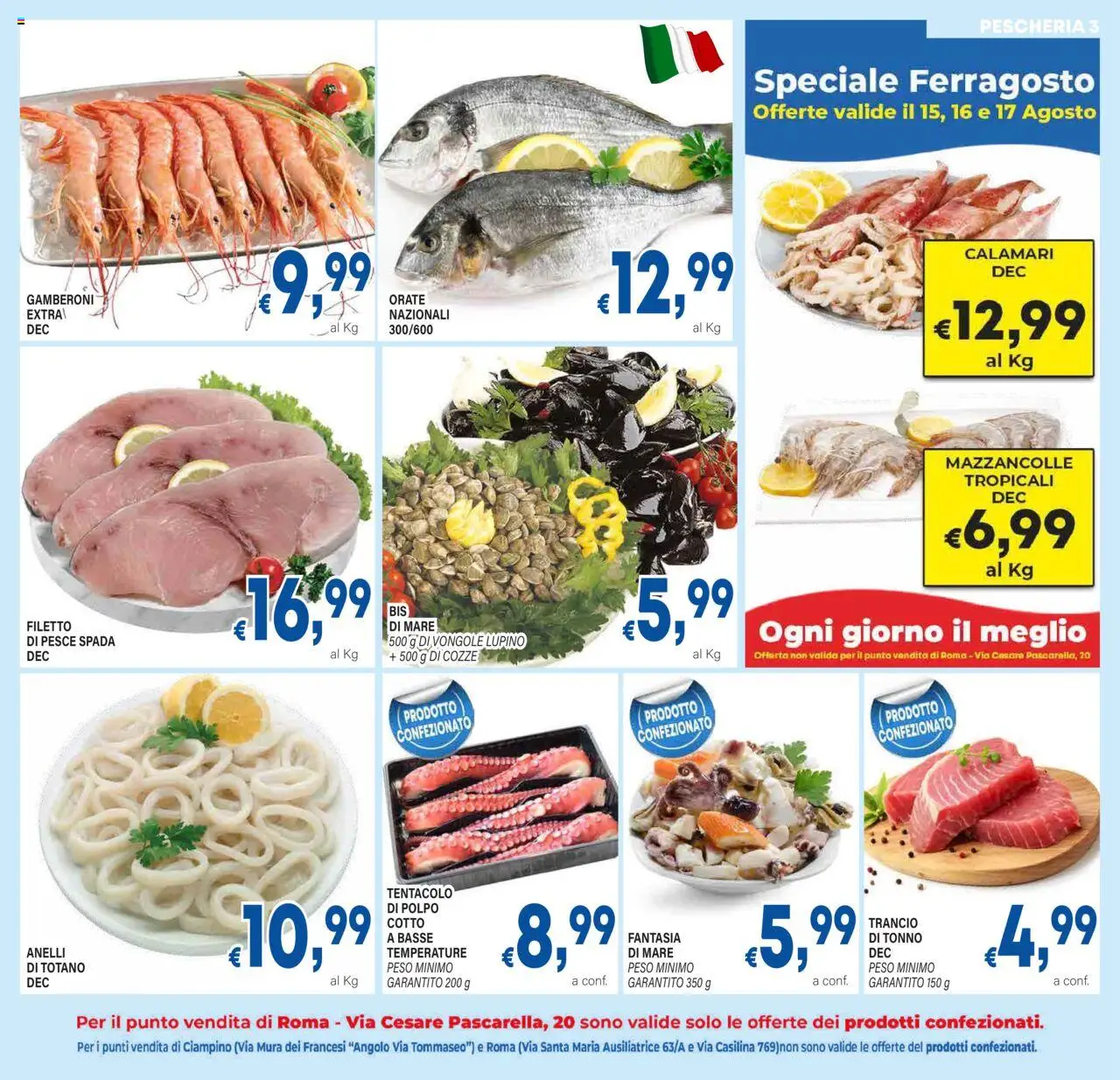 Volantino DEM del 06.08.2025 | Pagina: 3 | Prodotti: Mazzancolle, Gamberoni, Totano, Pesce spada