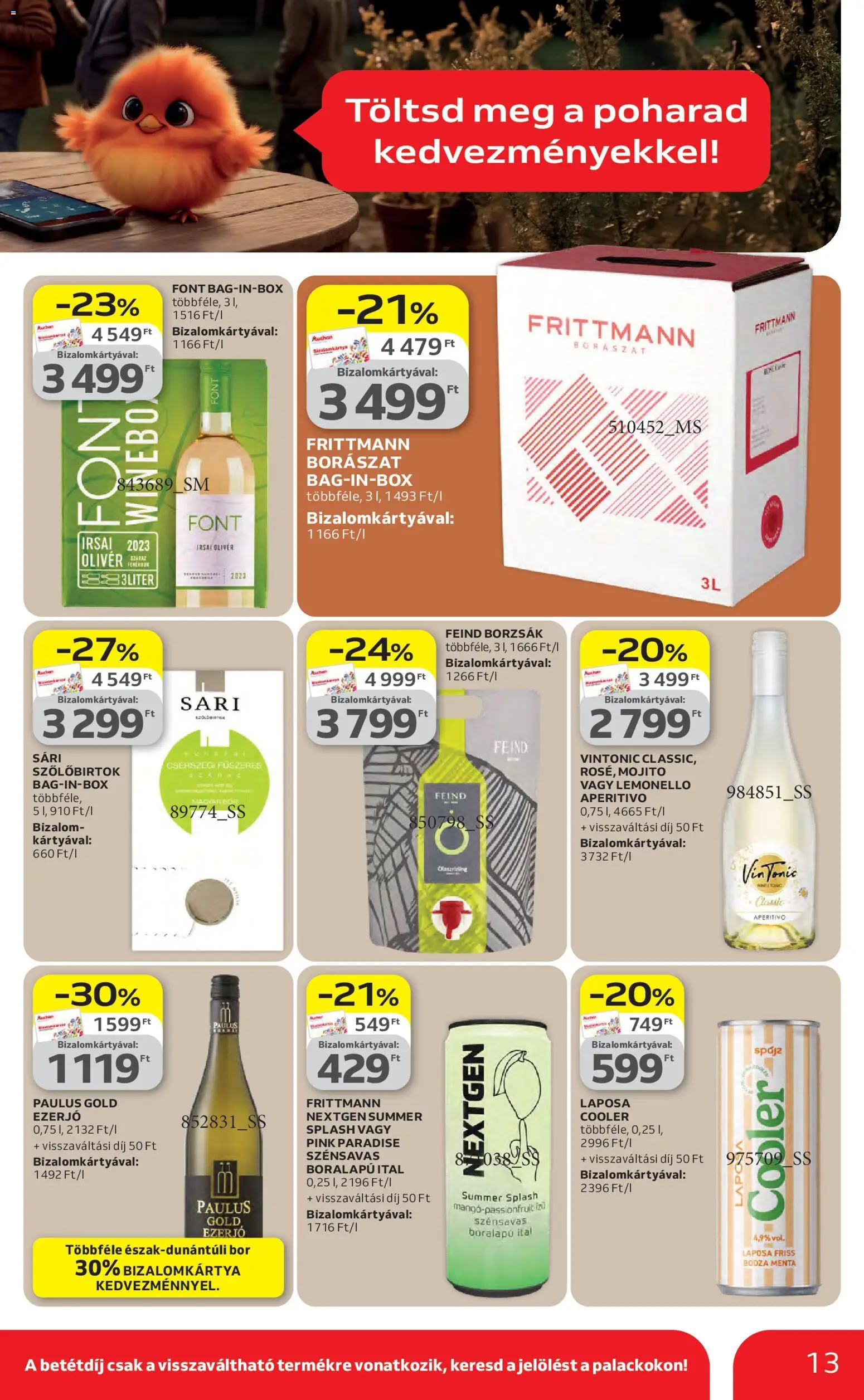Auchan akciós ujság - amely érvényes a következő dátumtól: 16.04.2026 | Oldal: 13 | Termékek: Tonic, Bor