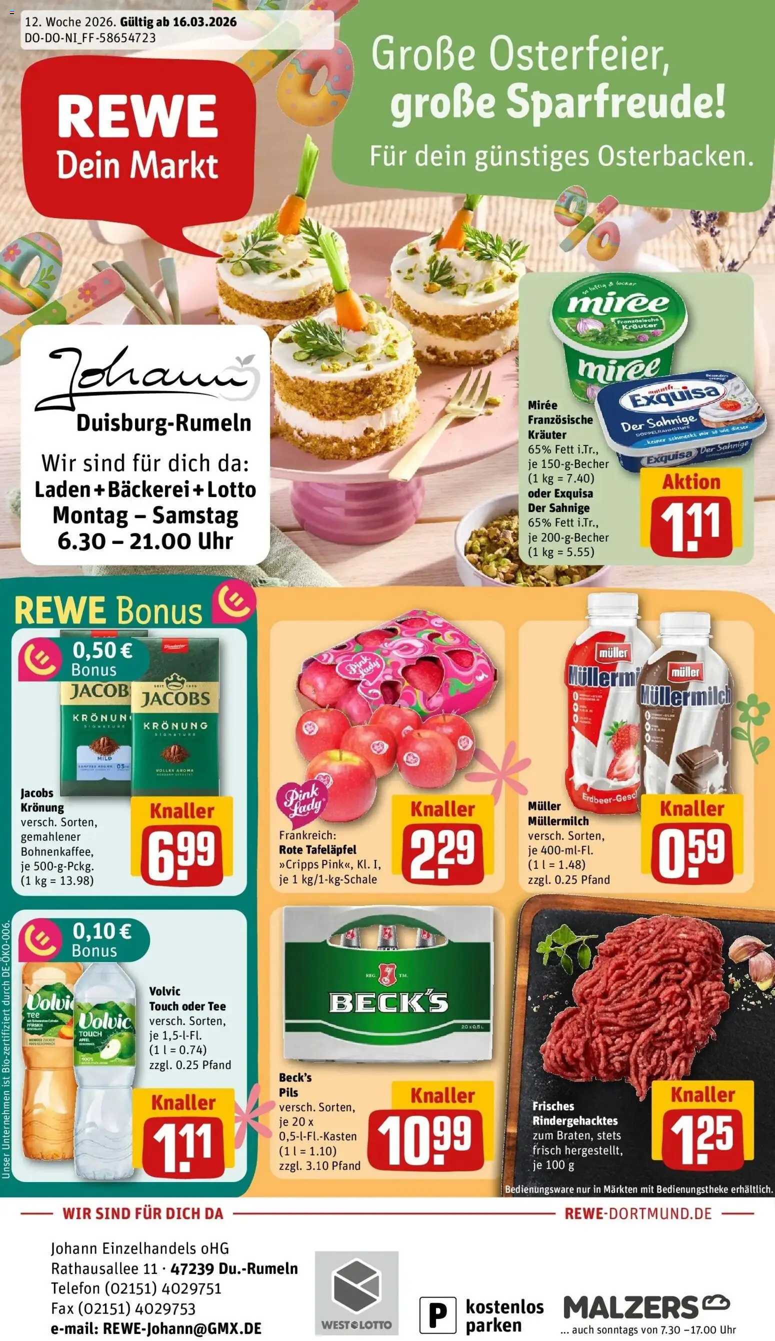Rewe Prospekt Duisburg / Rumeln	 – gültig ab 15.03.2026 | Seite: 1 | Produkte: Bäckerei, Exquisa, Volvic, Muller mullermilch