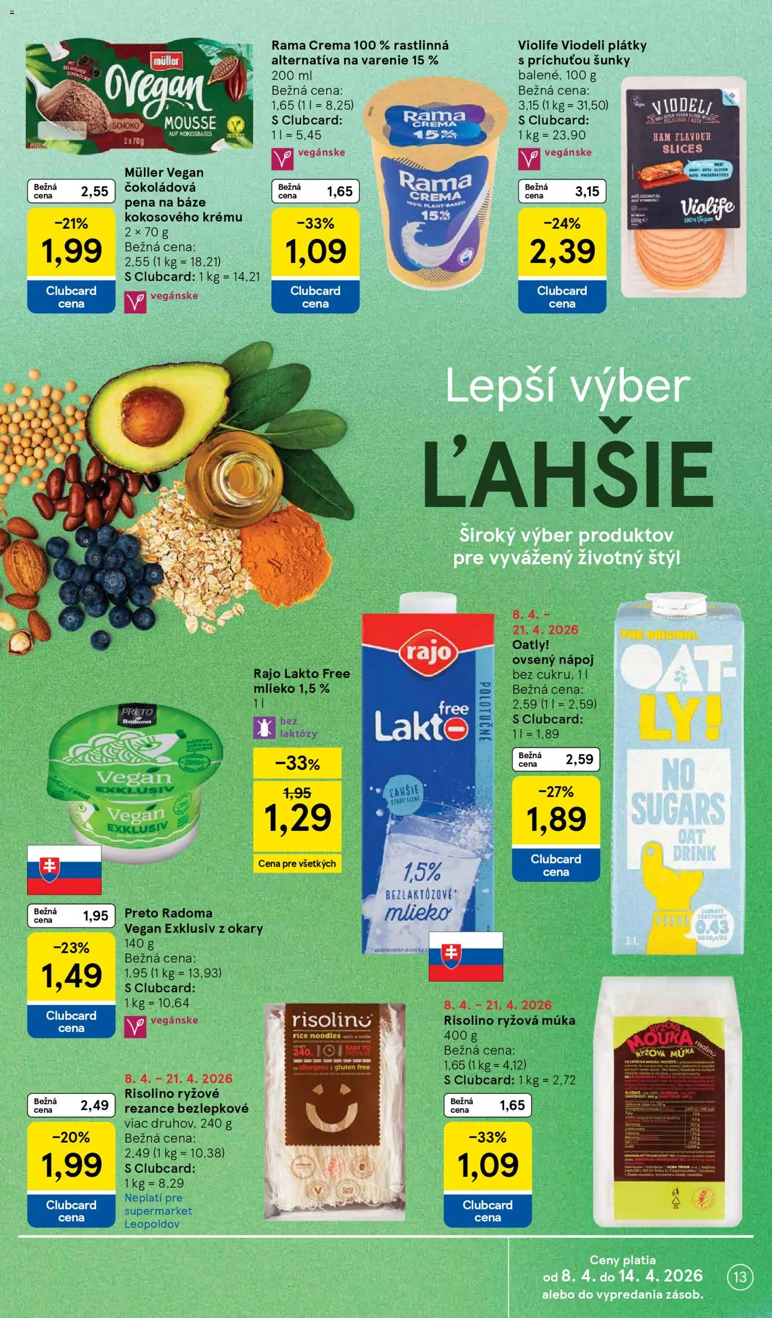 Nové Tesco akcie – leták je platný od 08.04.2026 | Strana: 13 | Produkty: Mlieko, Rezance, Múka, Rama