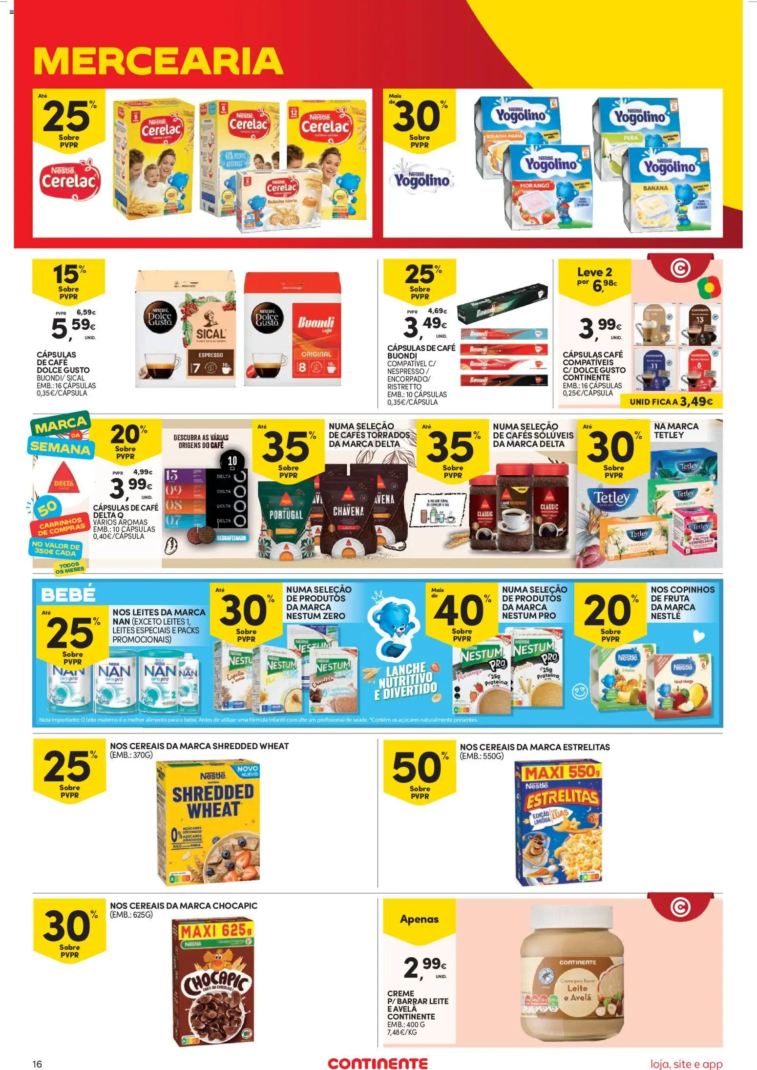 Continente Semanal Continente Bom Dia │ válido de 11.11.2025 | Página: 16 | Produtos: Banana, Delta q, Nestlé, Cereais